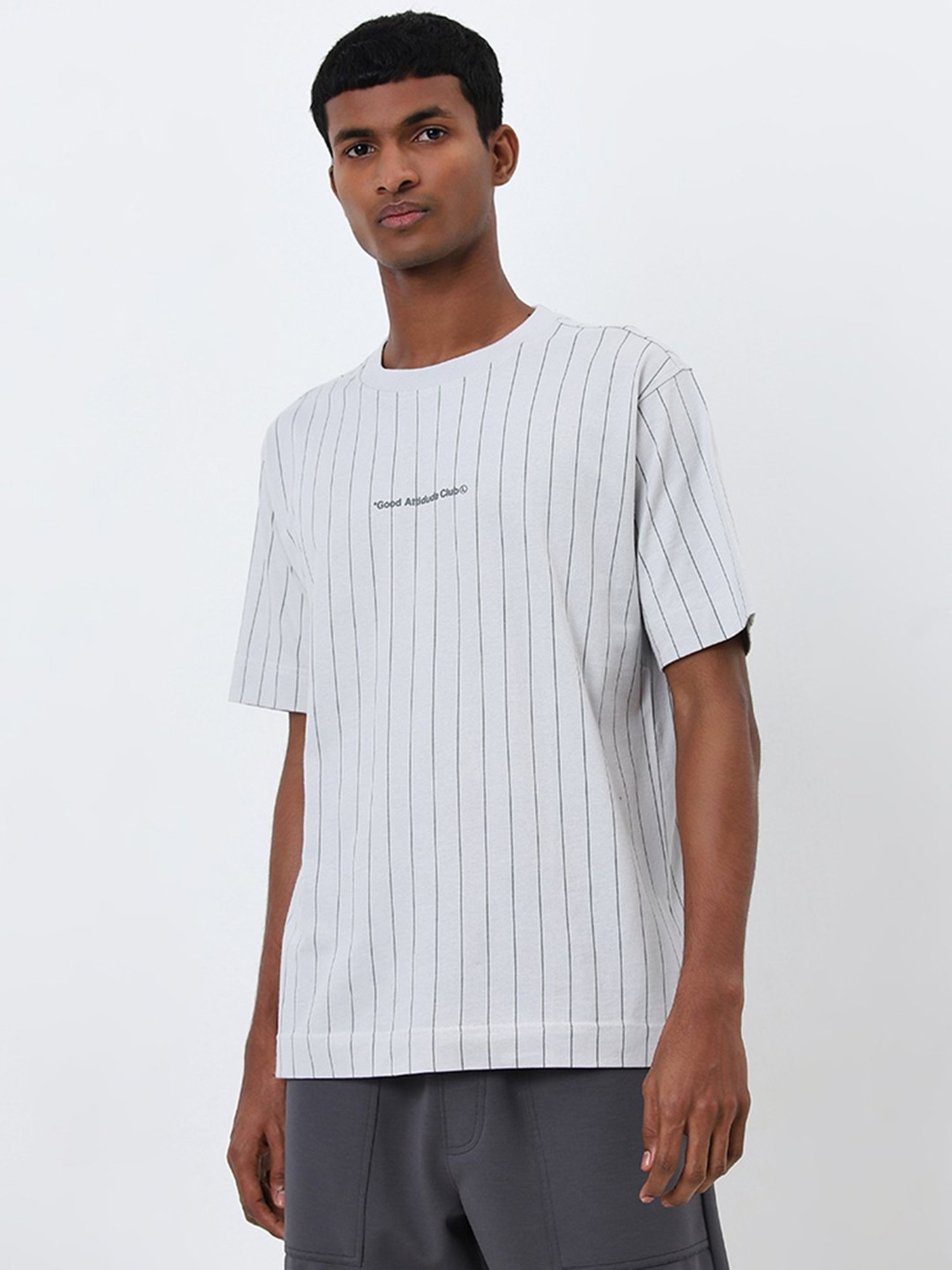 Studiofit by Westside Light Grey Striped Relaxed-Fit Cotton T-Shirt