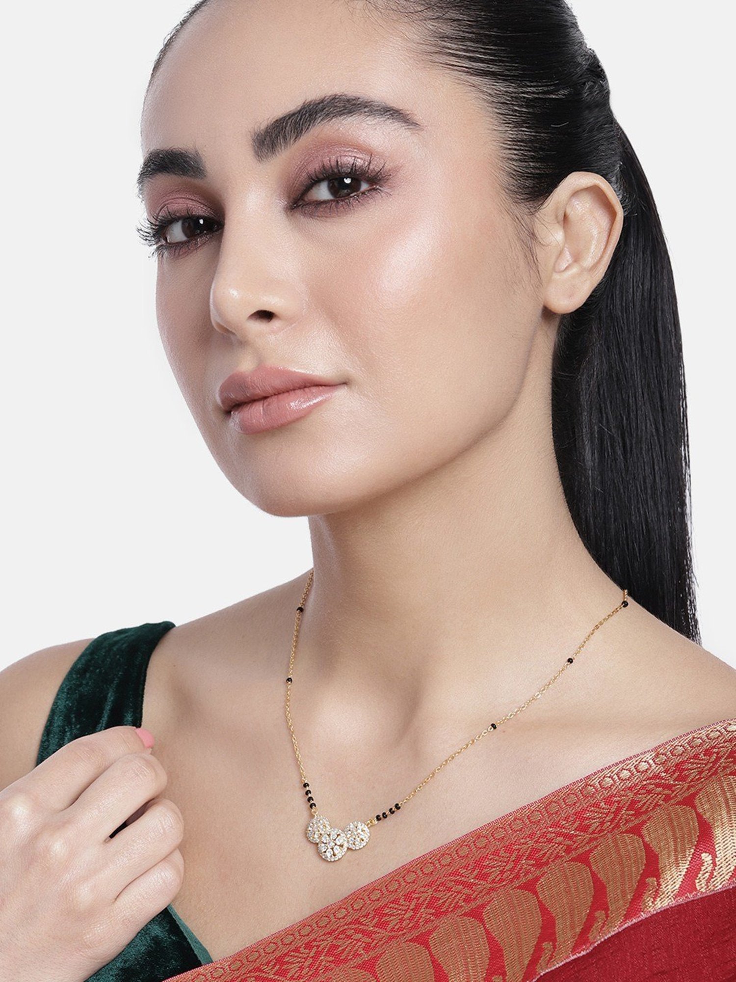 Abdesigns Gold-Plated American Diamond & Black Beaded Mangalsutra