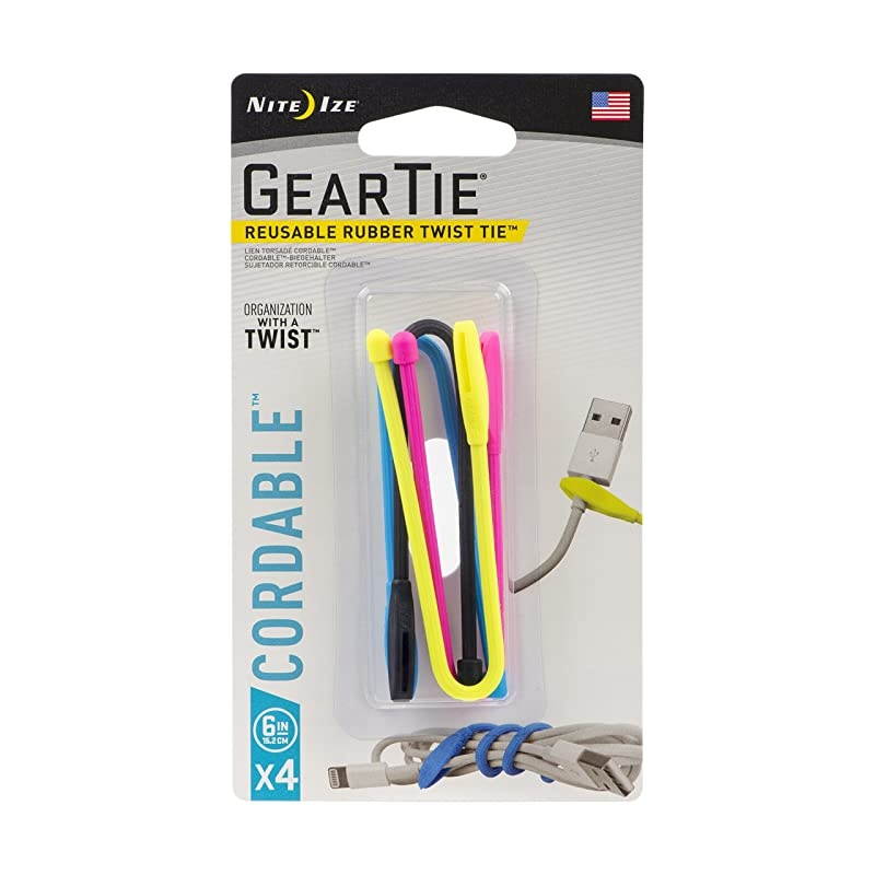 Gear Tie Cordable The Orginal Reusable Rubber Twist Tie with StretchLoop For Cord Management + Storage 6Inch Assorted Colors 4 Pack Made in the USA