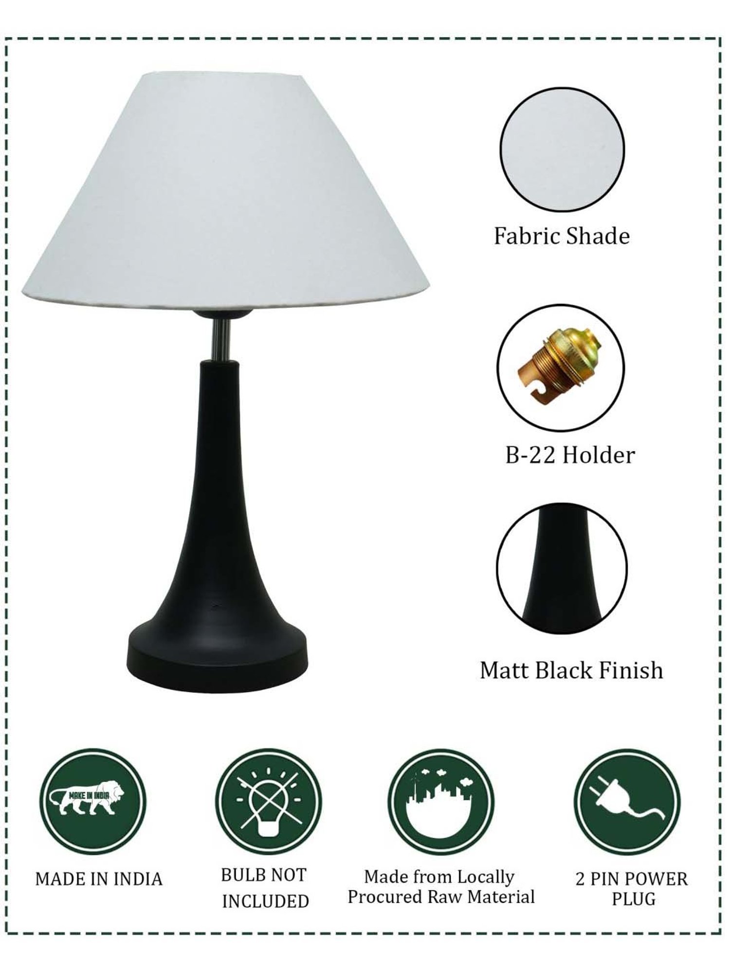 Homesake White & Black Metal Cone-Shaped Table Lamp With Fabric Shade