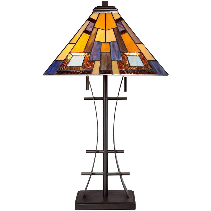 Robert Louis Tiffany Mission Table Lamp Iron Bronze Geometric Stained Glass Art Shade for Living Room Family Bedroom Bedside