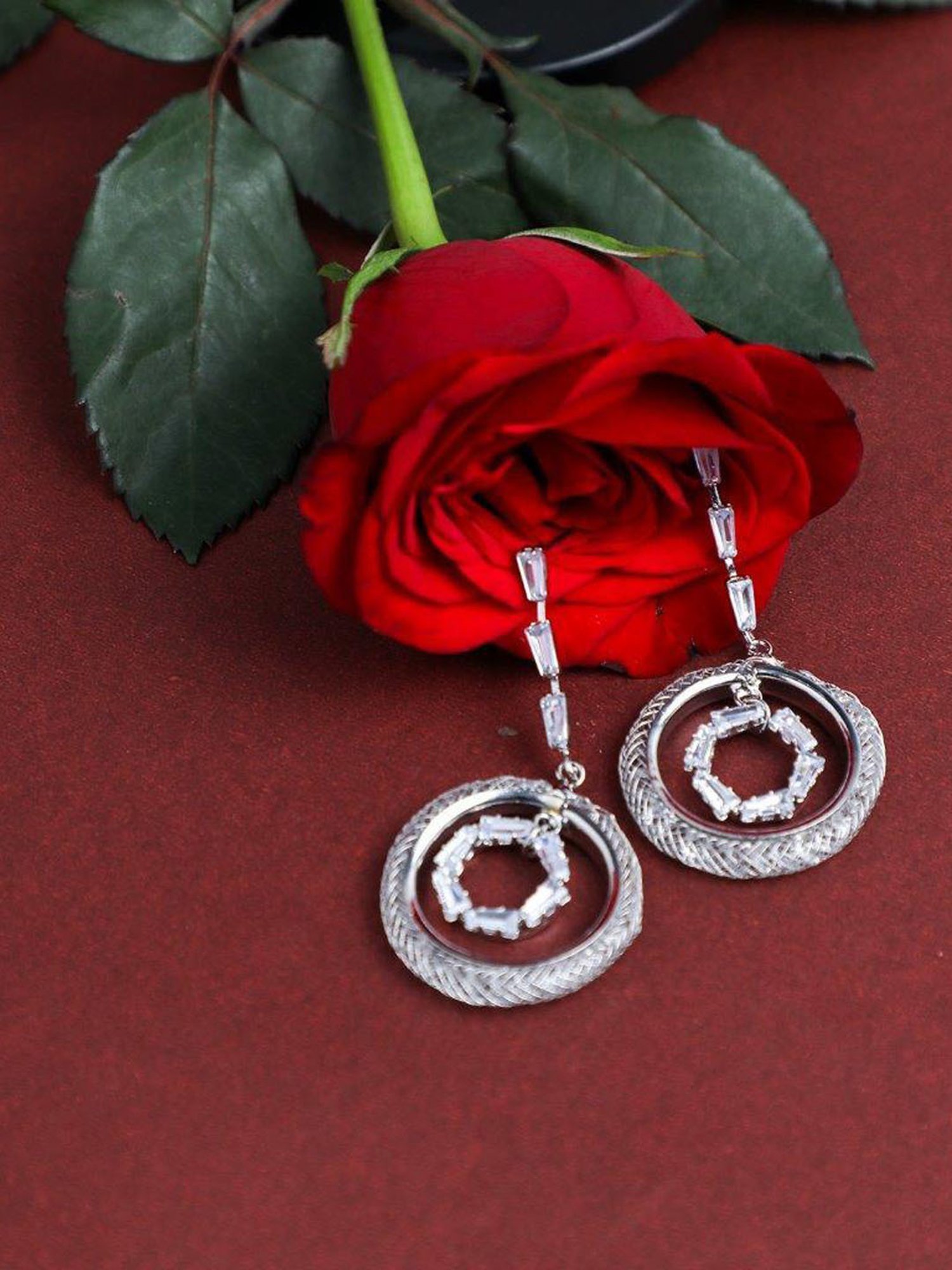 VOJ Silver Plated Stone Studded Circluar Drop Earrings for Women