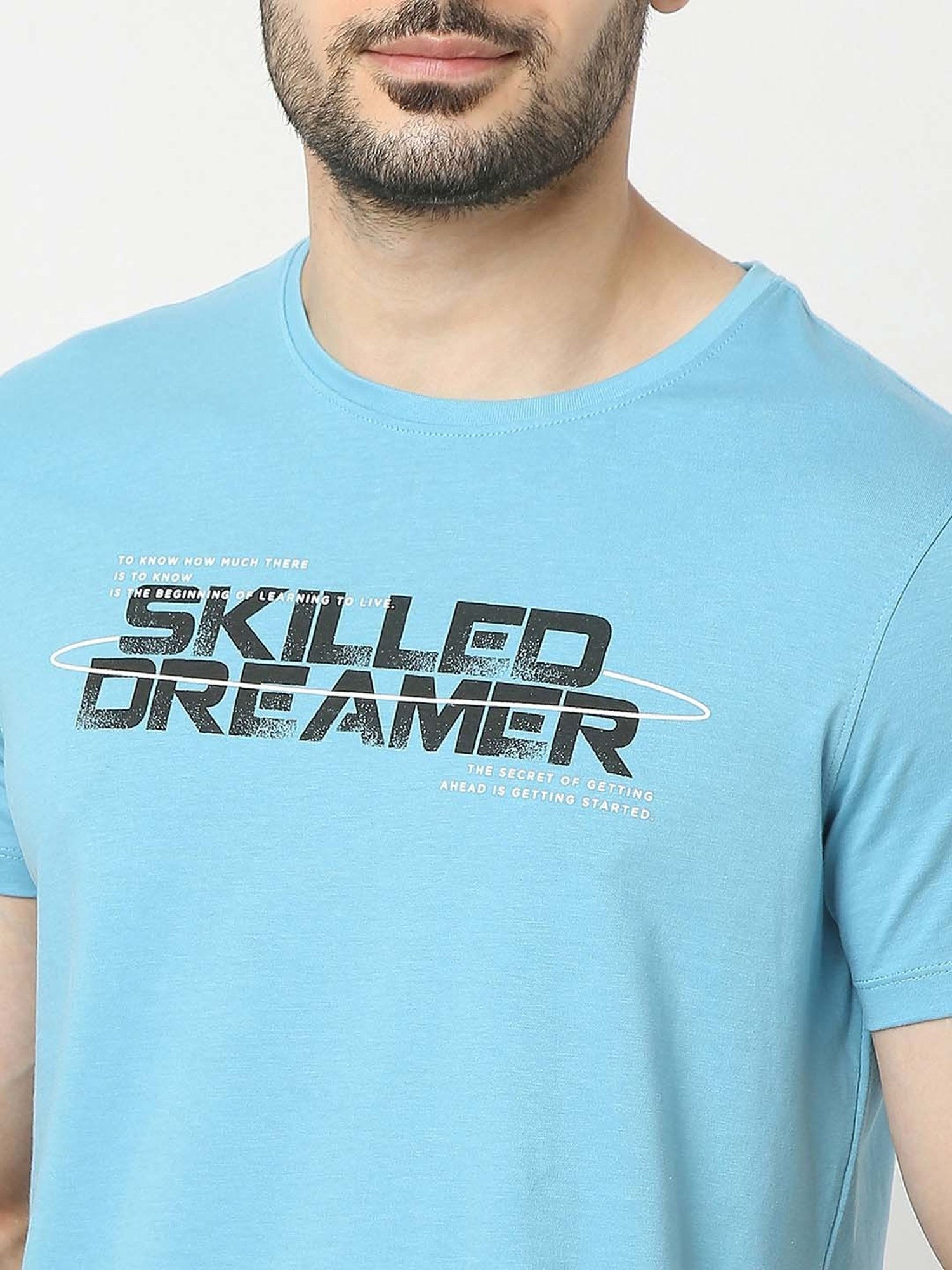 UnderJeans by Spykar Blue Regular Fit Printed Cotton Crew T-Shirt