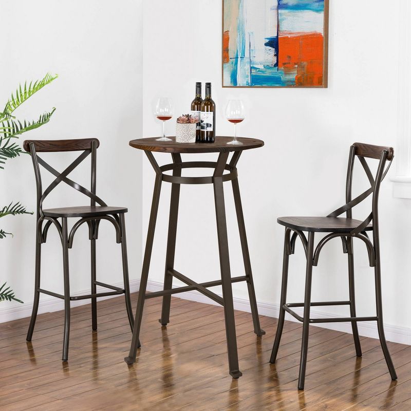 Set of 2 Steel Barstools with Solid Elm Wood Seat and Back Support Rustic - Glitzhome