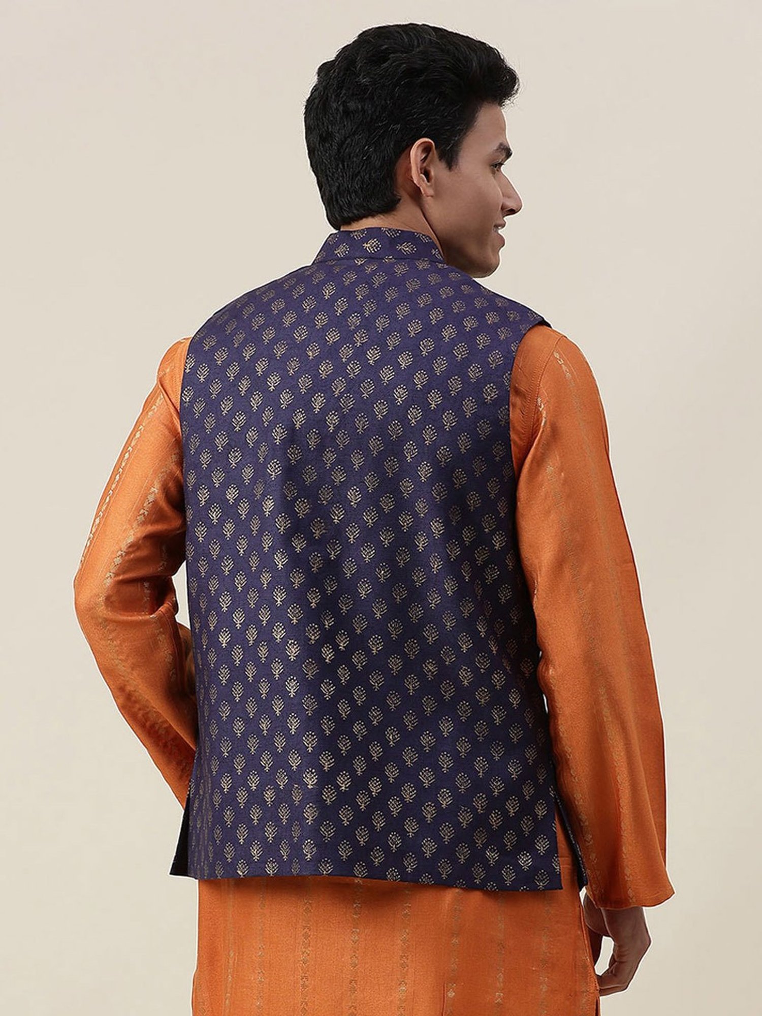 Fabindia Navy Regular Fit Printed Nehru Jacket