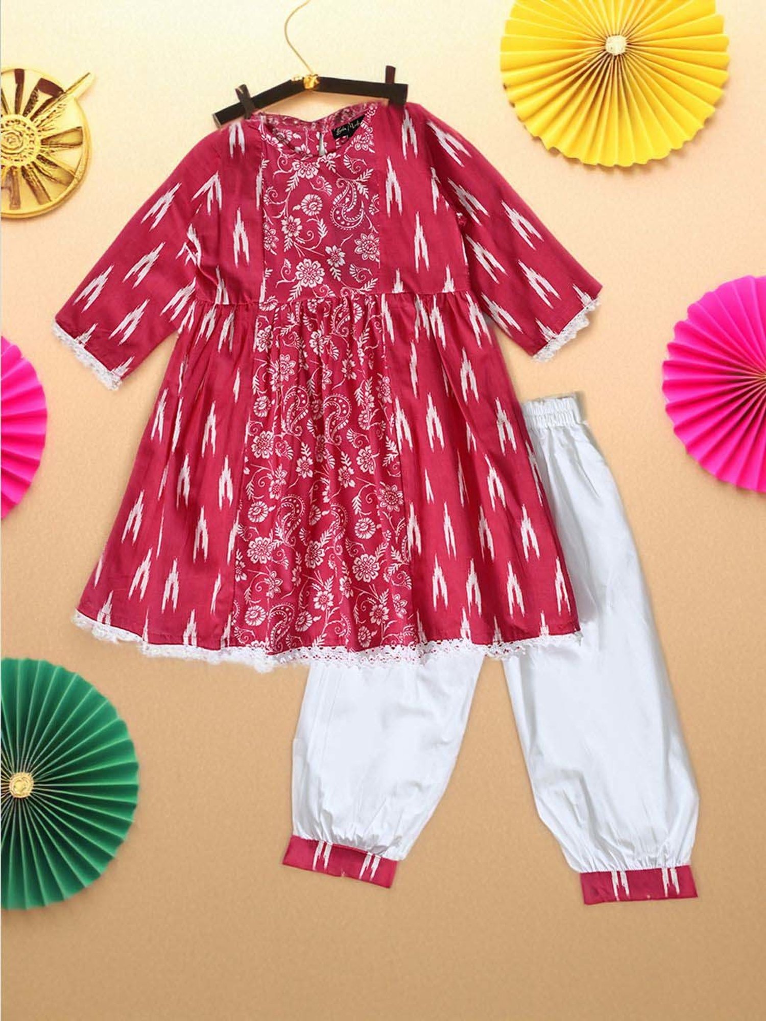 Bella Moda Kids Red & White Cotton Printed Kurti & Pyjamas