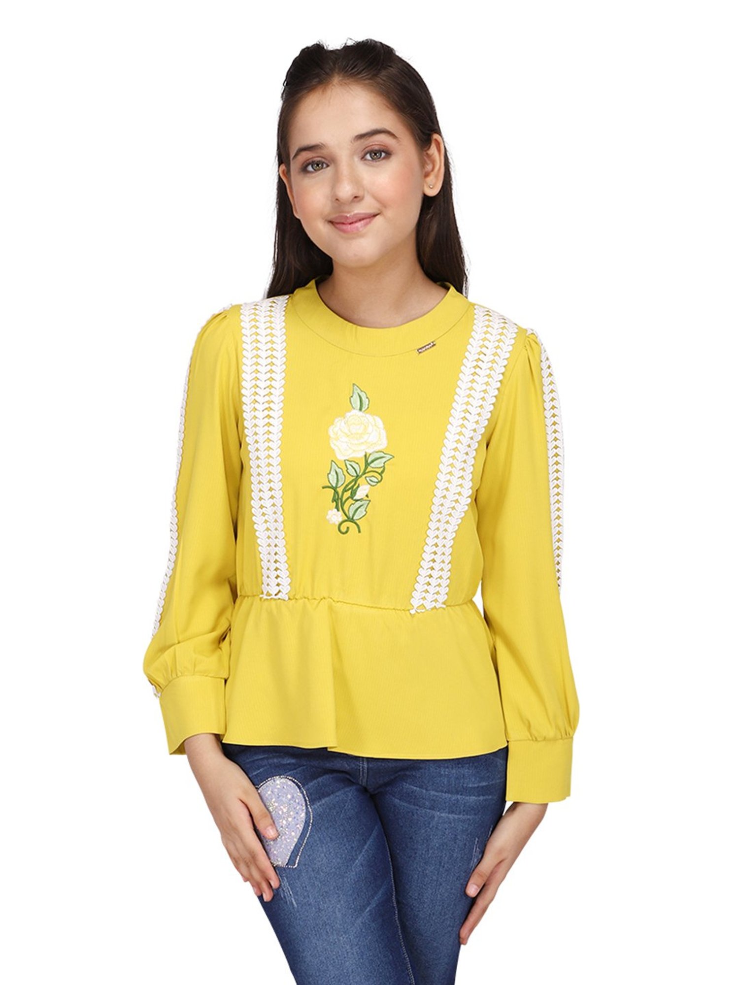 Cutecumber Kids Yellow Embroidered Full Sleeves Top