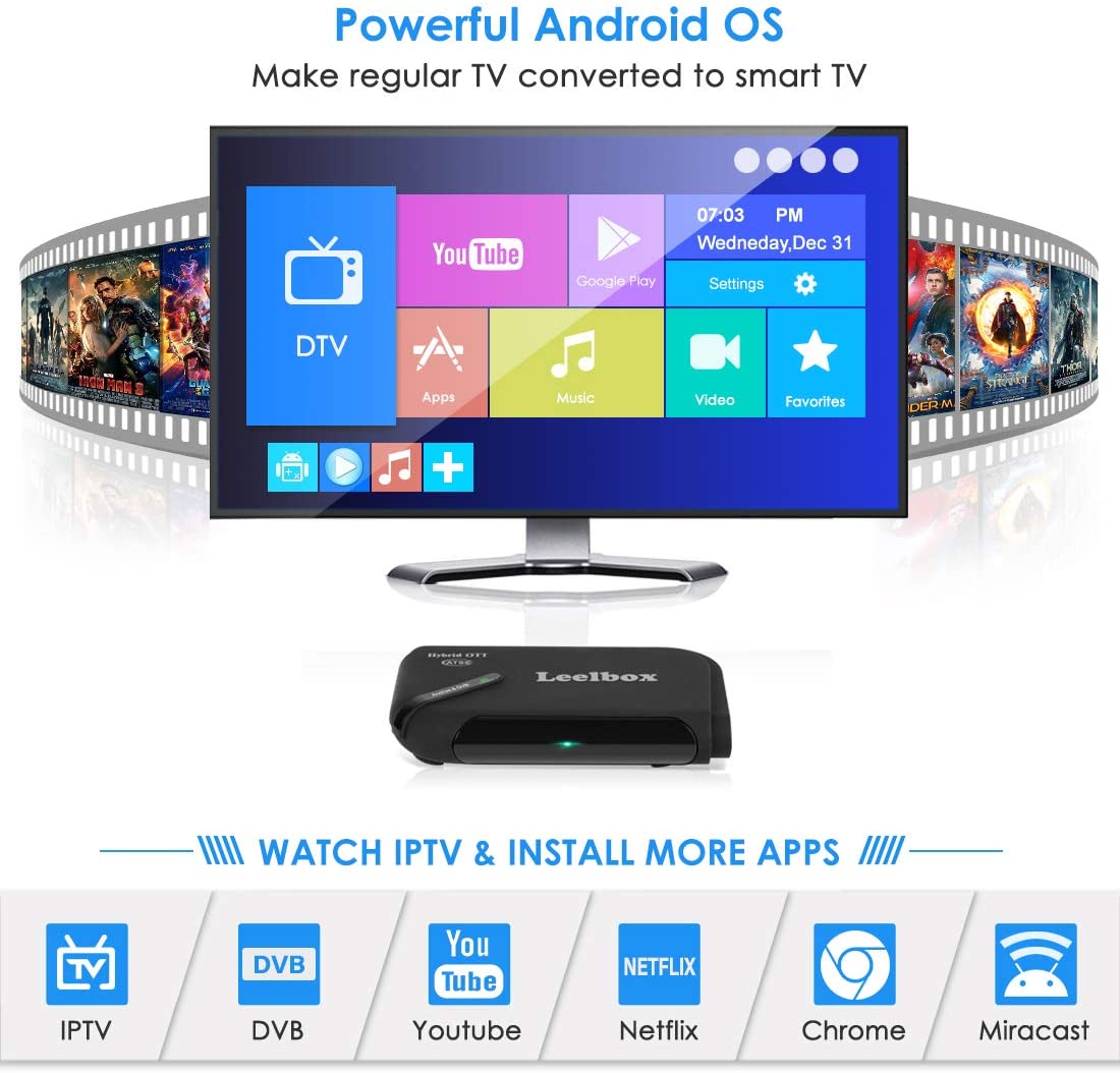 Leelbox Android TV box, 1080P ATSC converter box, recording PVR, USB multimedia playback, web browsing, support for 2.4G WiFi/3D/H.265 video decoding (gold version), black, LBX OTT-ATSC Q5 US