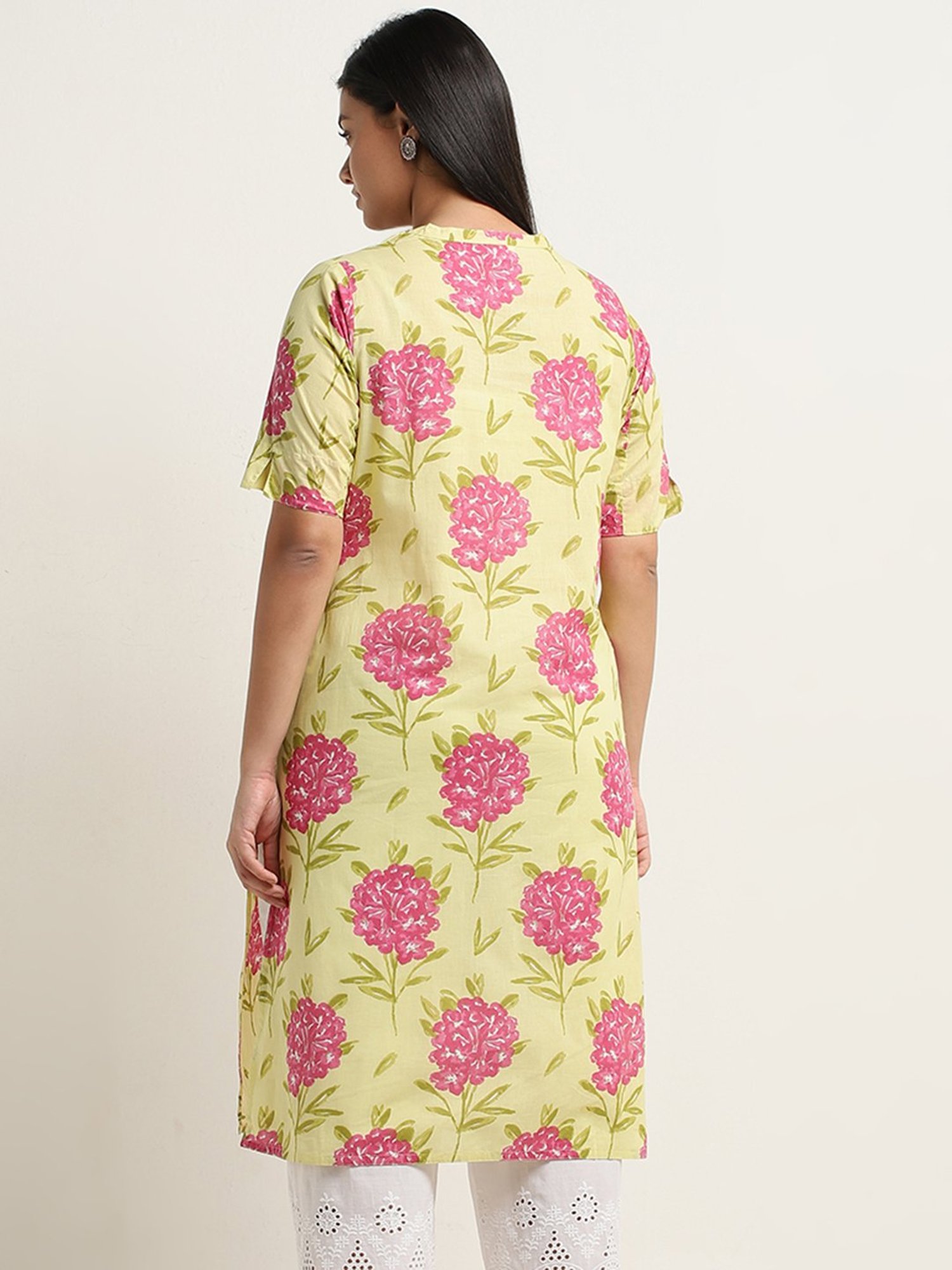 Diza by Westside Yellow Floral Printed Straight Cotton Kurta