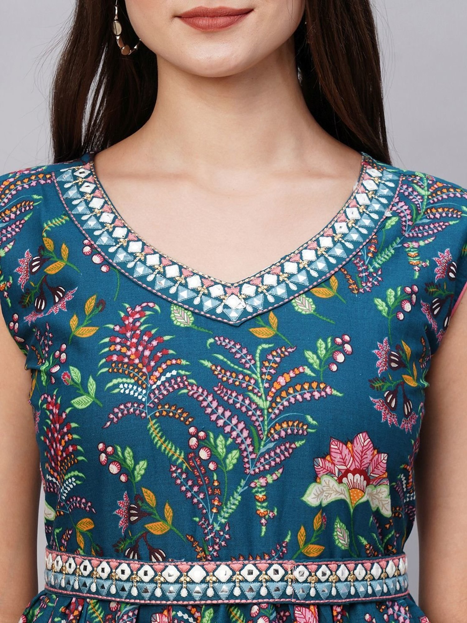 KIANA Blue Cotton Printed Maxi Dress