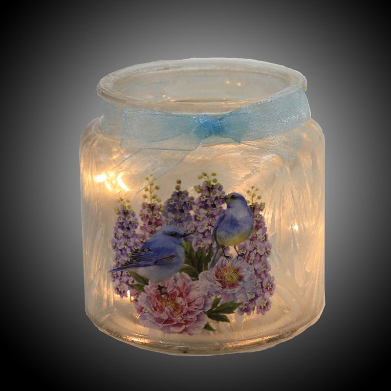 Stony Creek 3.75" Bluebird Pink Roses Pre-Lit Jar Blue Ribbon  -  Novelty Sculpture Lights