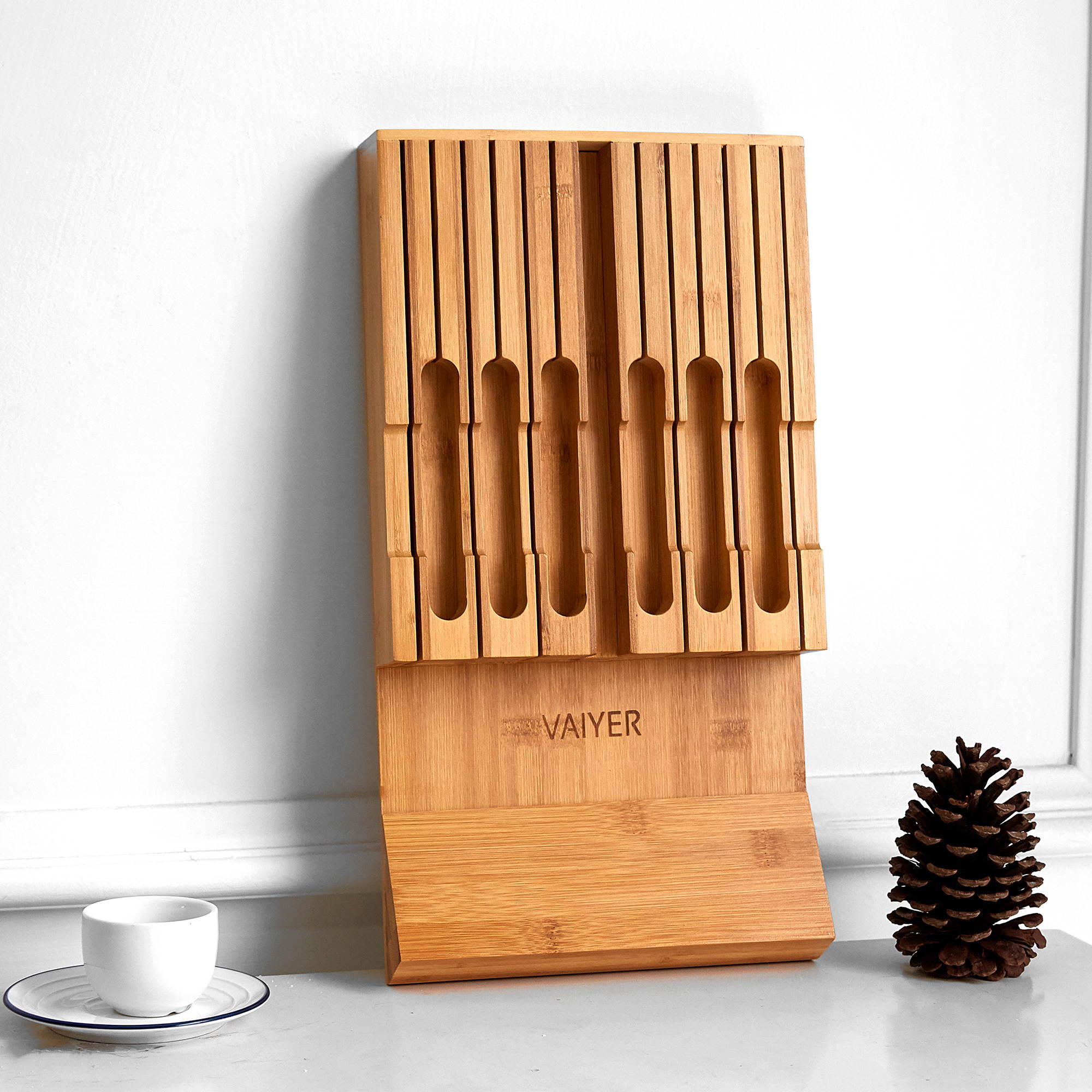 Vaiyer, In-Drawer Bamboo Knife Block Holds 12 Knives (Not Included), 
 Slot for your Knife Sharpener, Chef Knife Organizer Made from Quality Bamboo, Special Designed Angled Rest to Keep Blades down