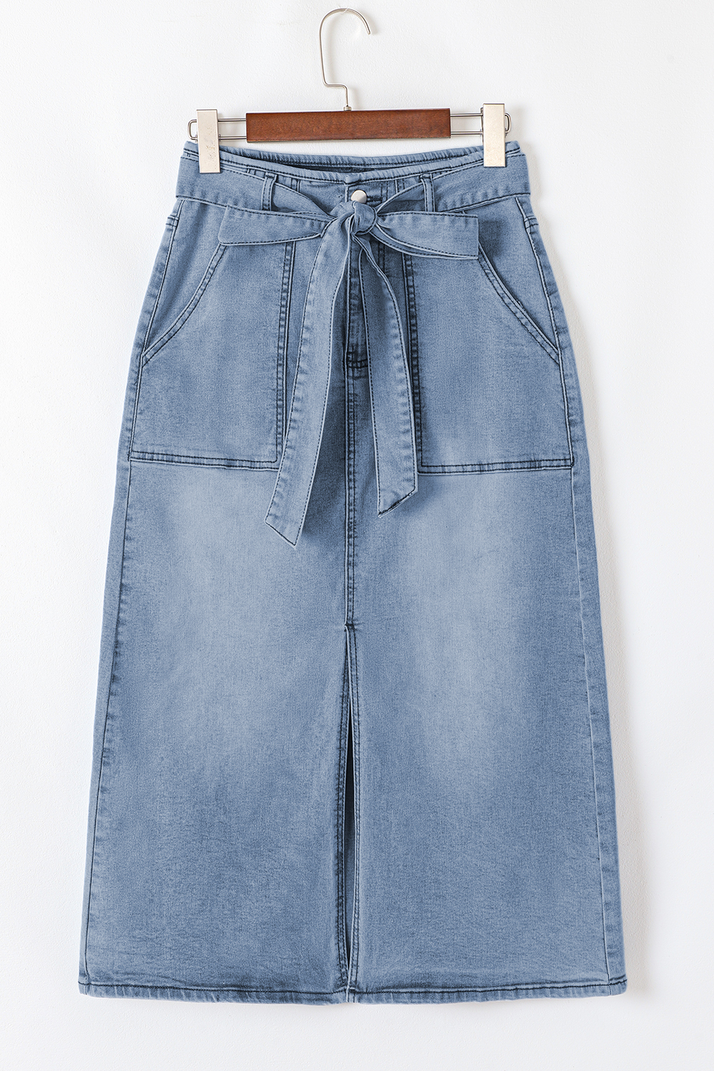 Dusk Blue Light Washed Belted High Waist Denim Skirt