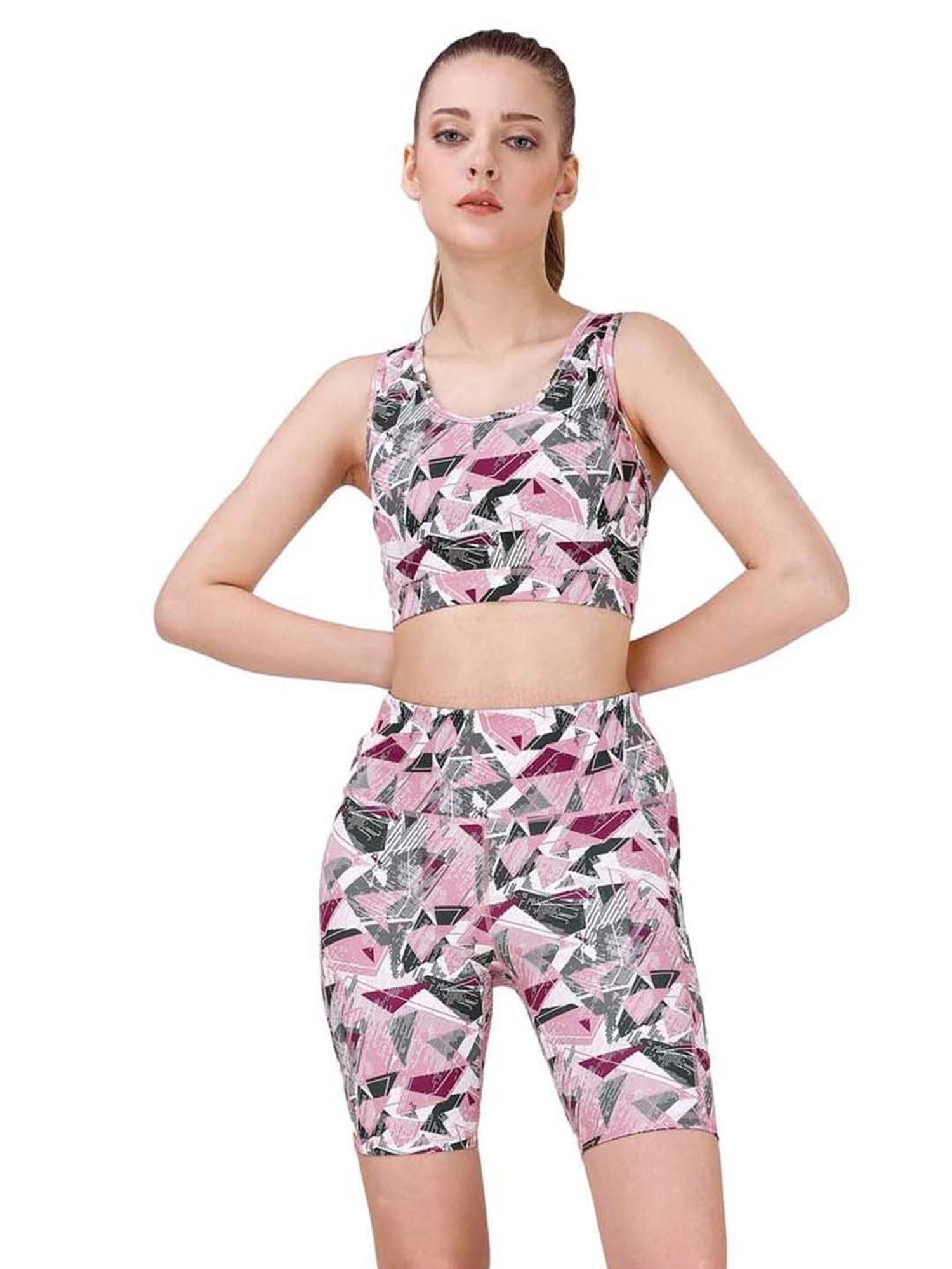Soie Pink & Grey Printed Sports Bra Shorts Set