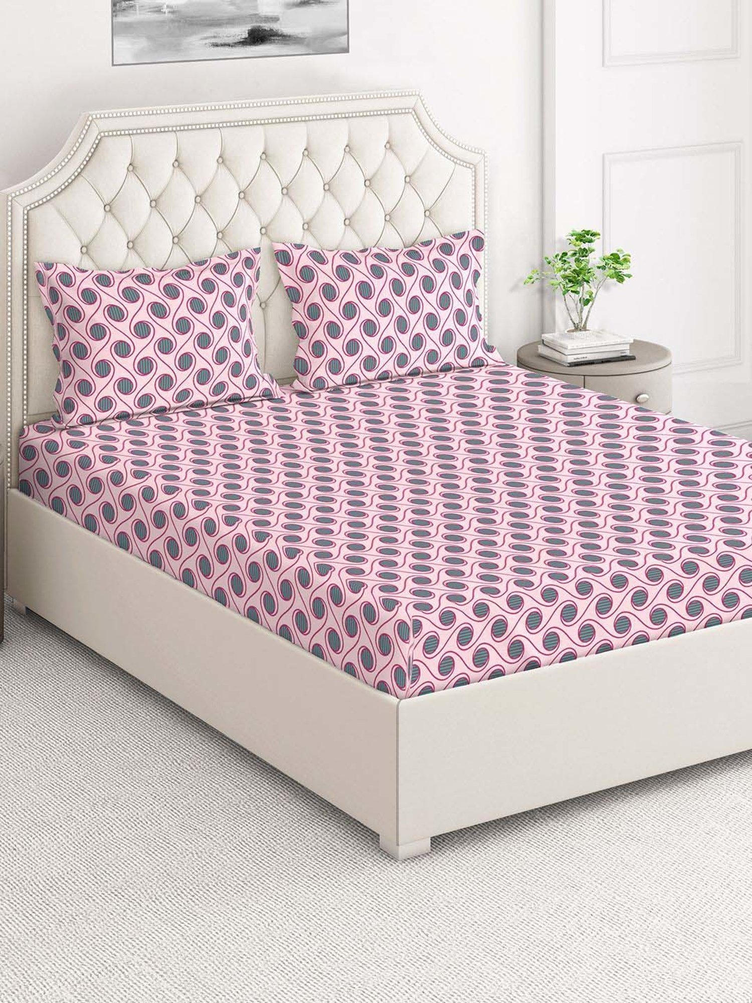 Layers Firenze Pink Cotton 140 TC Double Size Bed Sheet with Pillow Cover