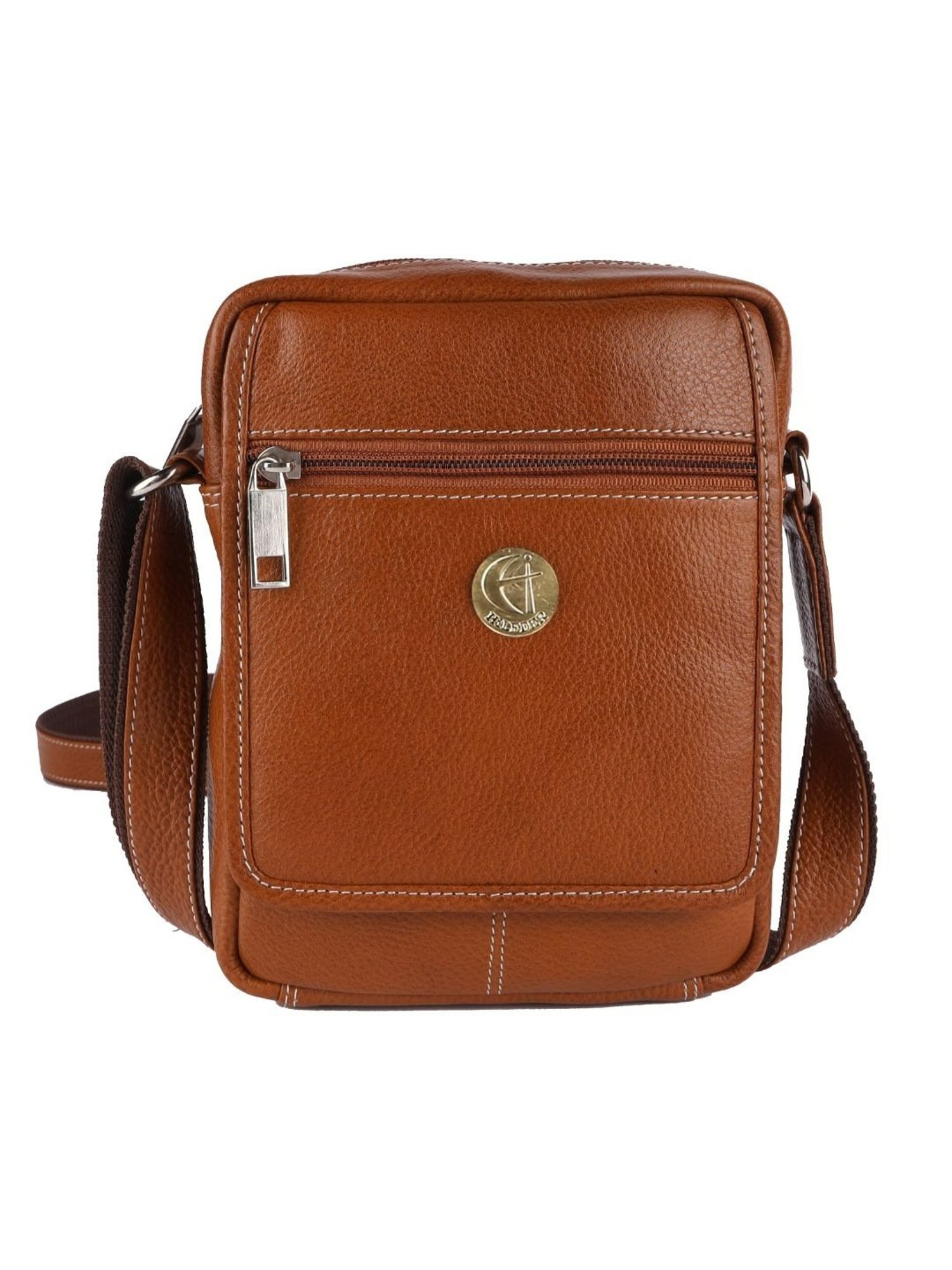 HiLEDER Tan Textured Medium Leather 7.5 inch Cross Body Bag