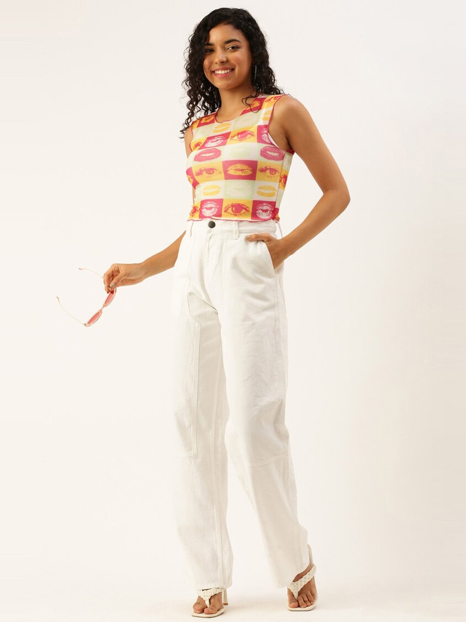 Forever 21 Cream & Pink Printed Crop Top