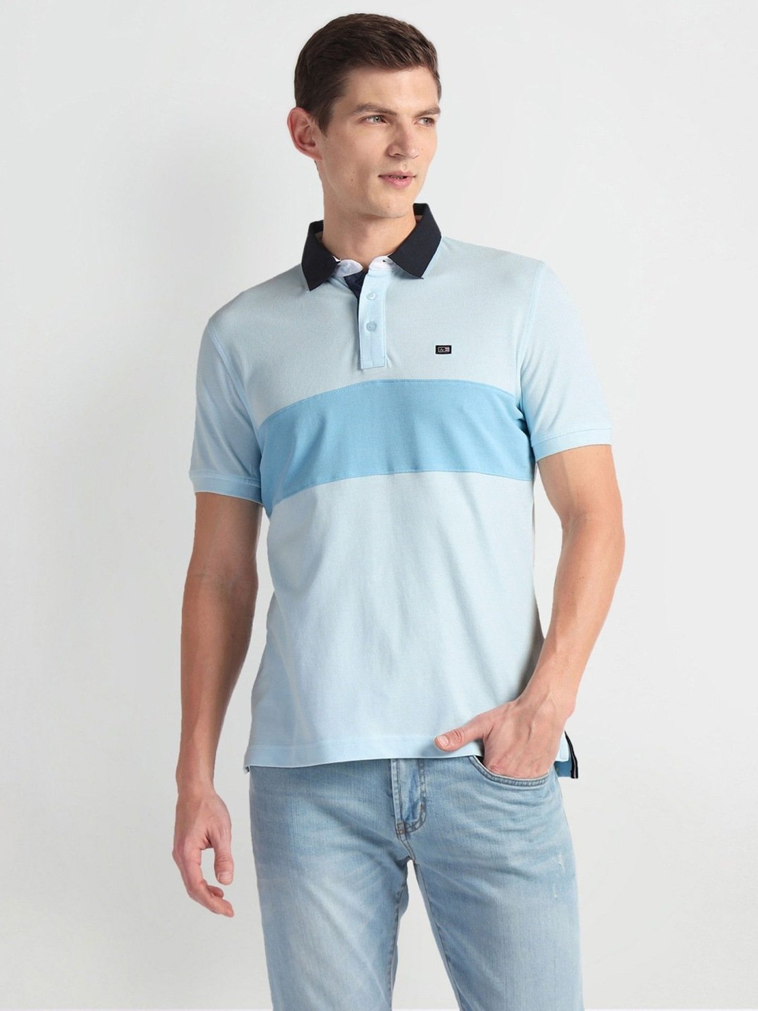 Arrow Sports Blue Cotton Regular Fit Self Pattern Polo T-Shirt