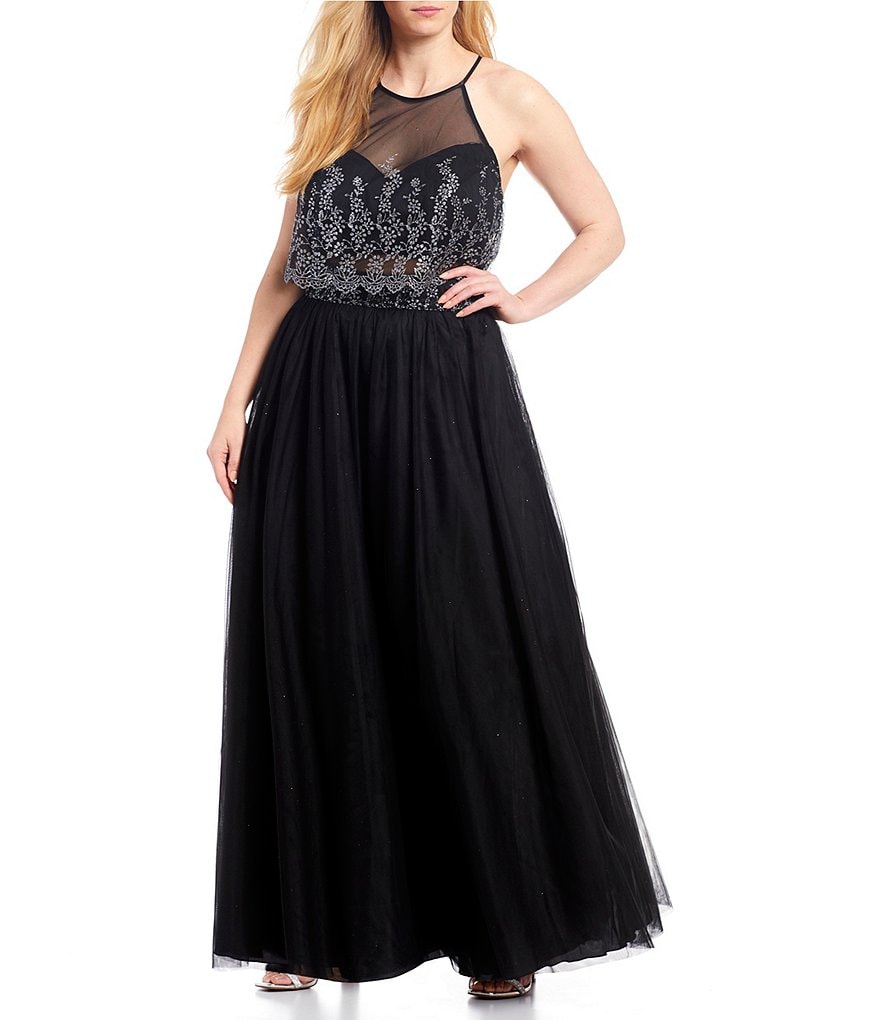 Teeze Me Plus Spaghetti Strap High-Neck Glitter Pop-Over Bodice Ball Gown