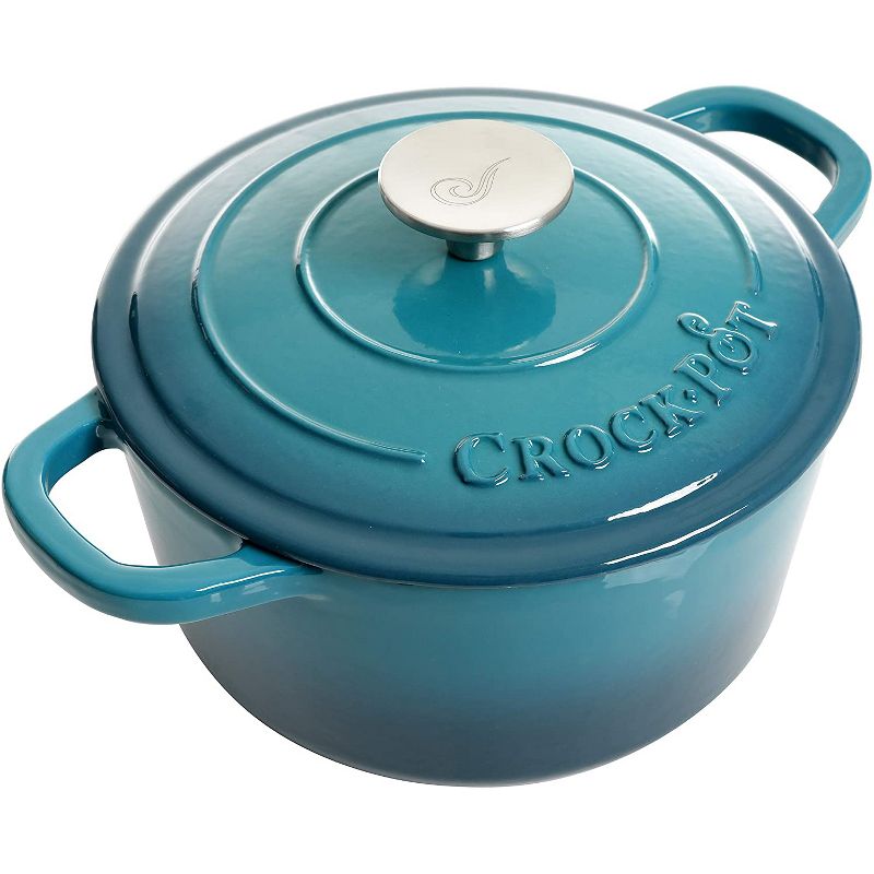 Crock-Pot 3 Quart Capacity Round Enamel Cast Iron Covered Dutch Oven Kitchen Cookware with Matching Self Basting Lid, Teal Ombre