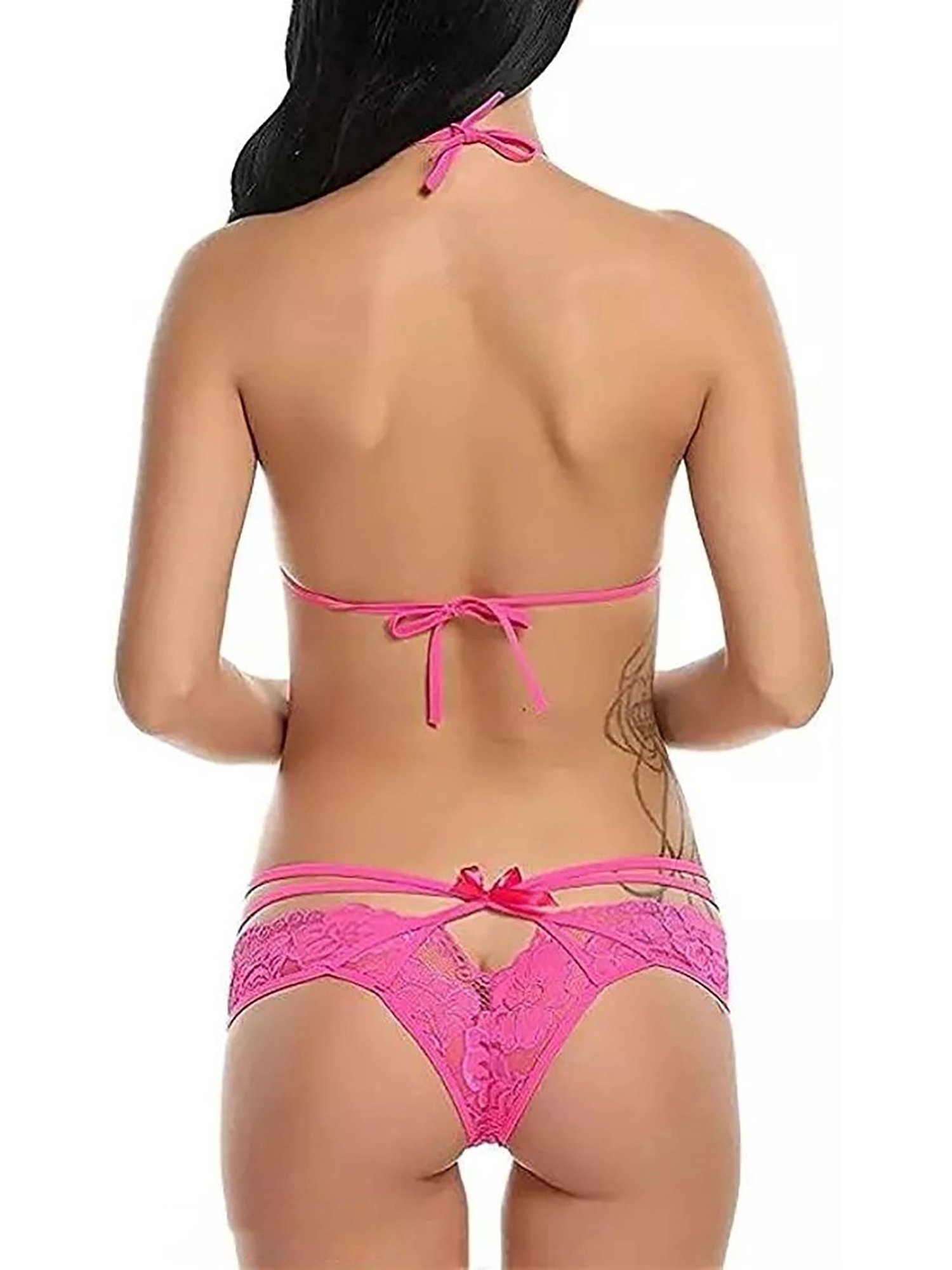 AROUSY Pink & Red Self Pattern Bikini Bra Panty Set - Set Of 2