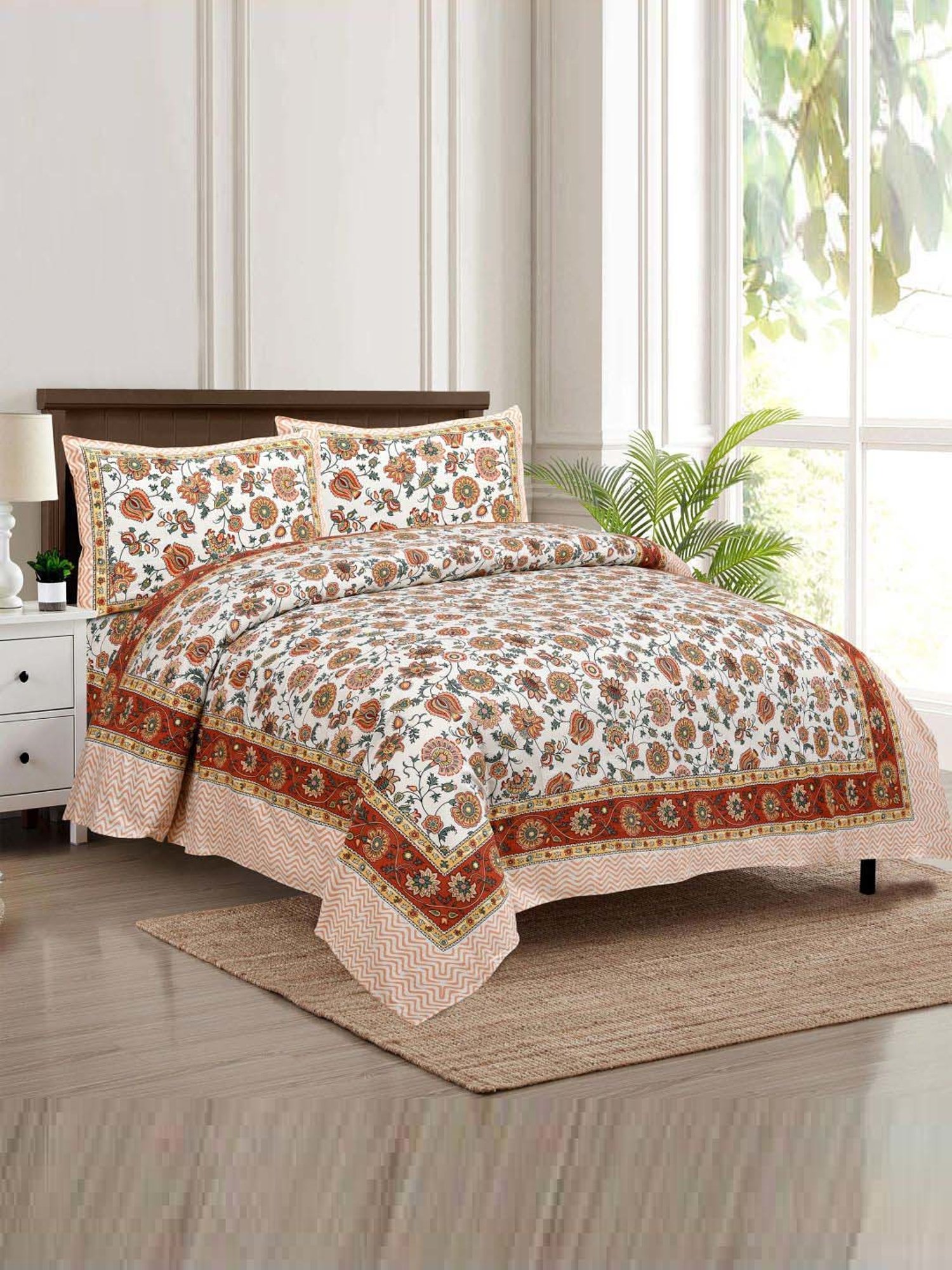 JaipurFabric Honey 180 TC 100% Cotton Creeper Double Bedsheet with 2 Pillow Covers