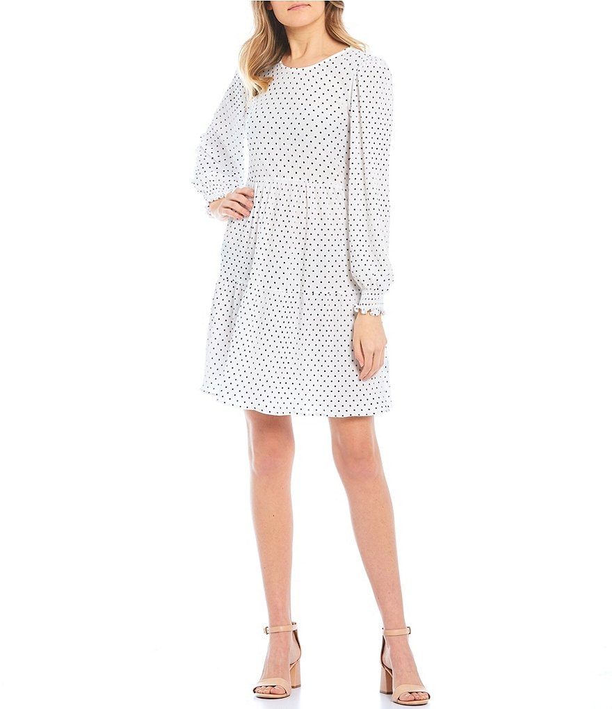 Midnight Doll Long-Sleeve Tiered Dotted Print Babydoll Dress