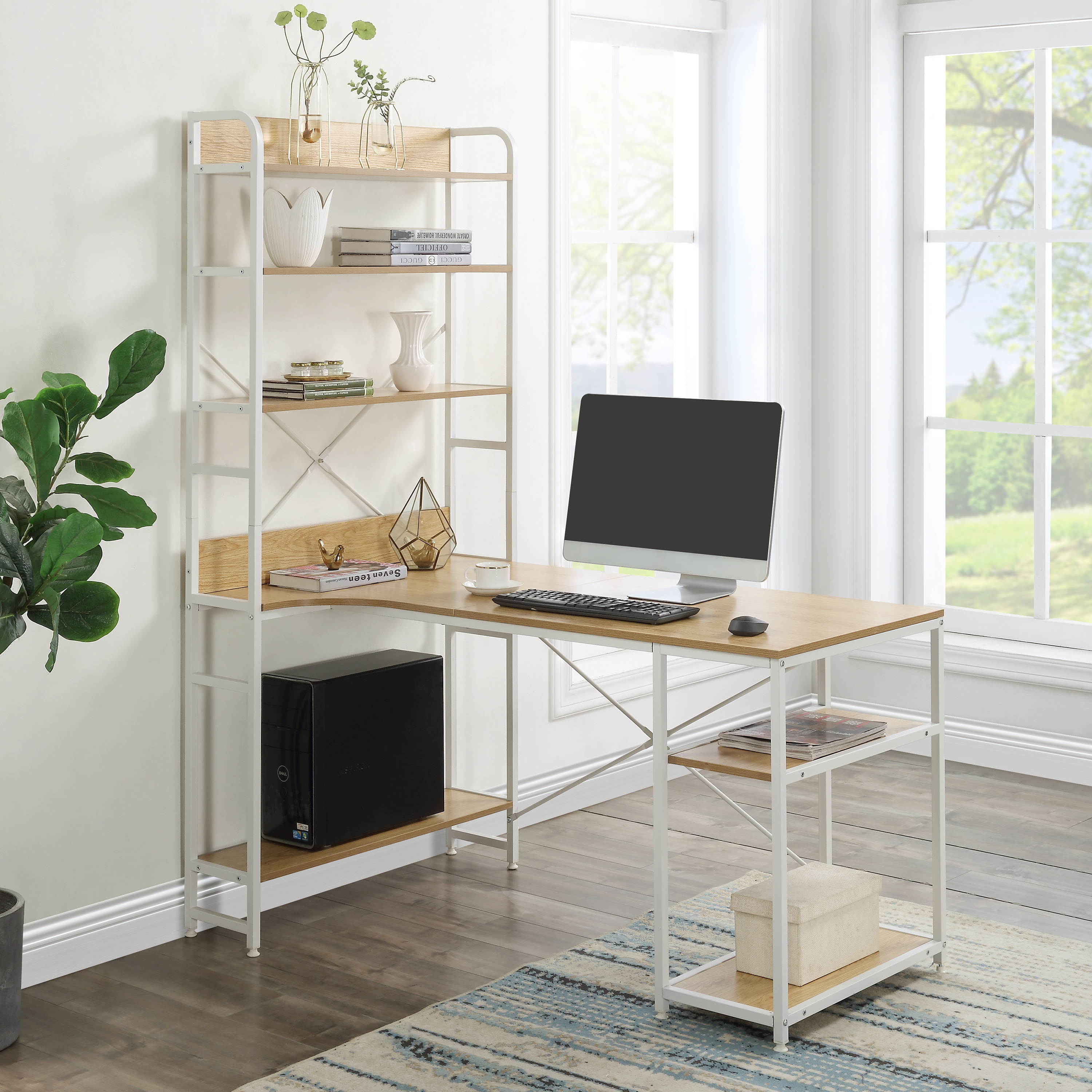 Home Office Computer Desk Gaming Desk with Steel frame and MDF Board,5 Tier Open Bookshelf,Plenty Storage Space