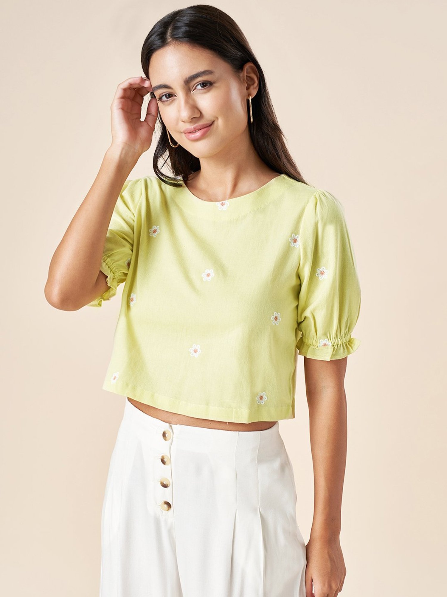 Akkriti by Pantaloons Lime Green Cotton Embroidered Crop Top