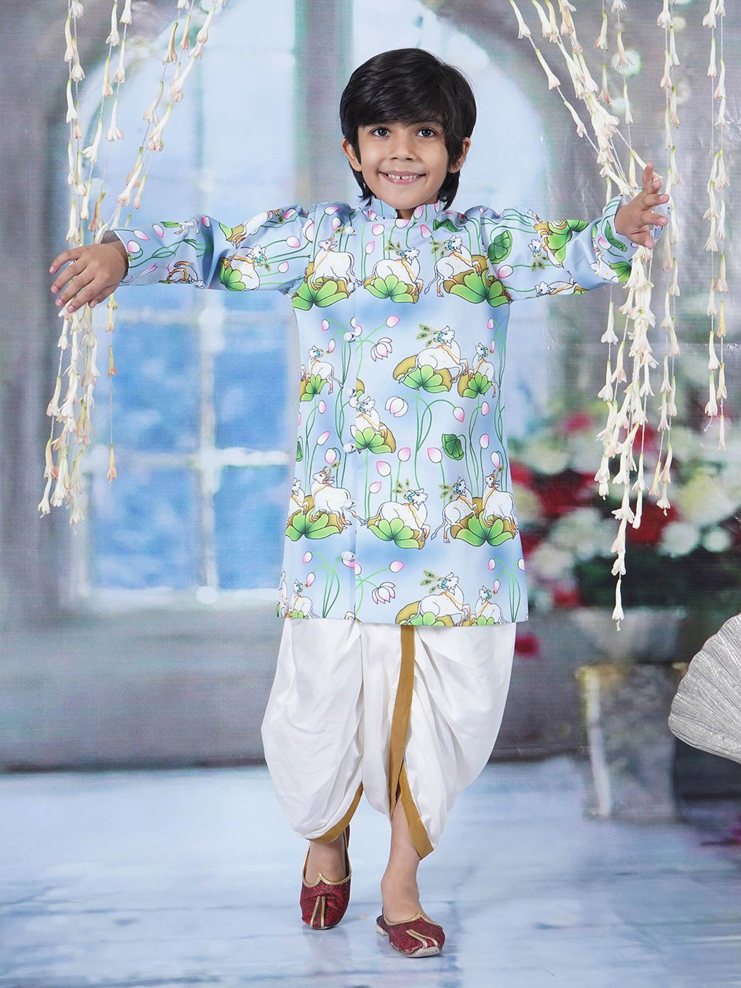 Little Bansi Kids Blue & White Printed Full Sleeves Sherwani with Dhoti