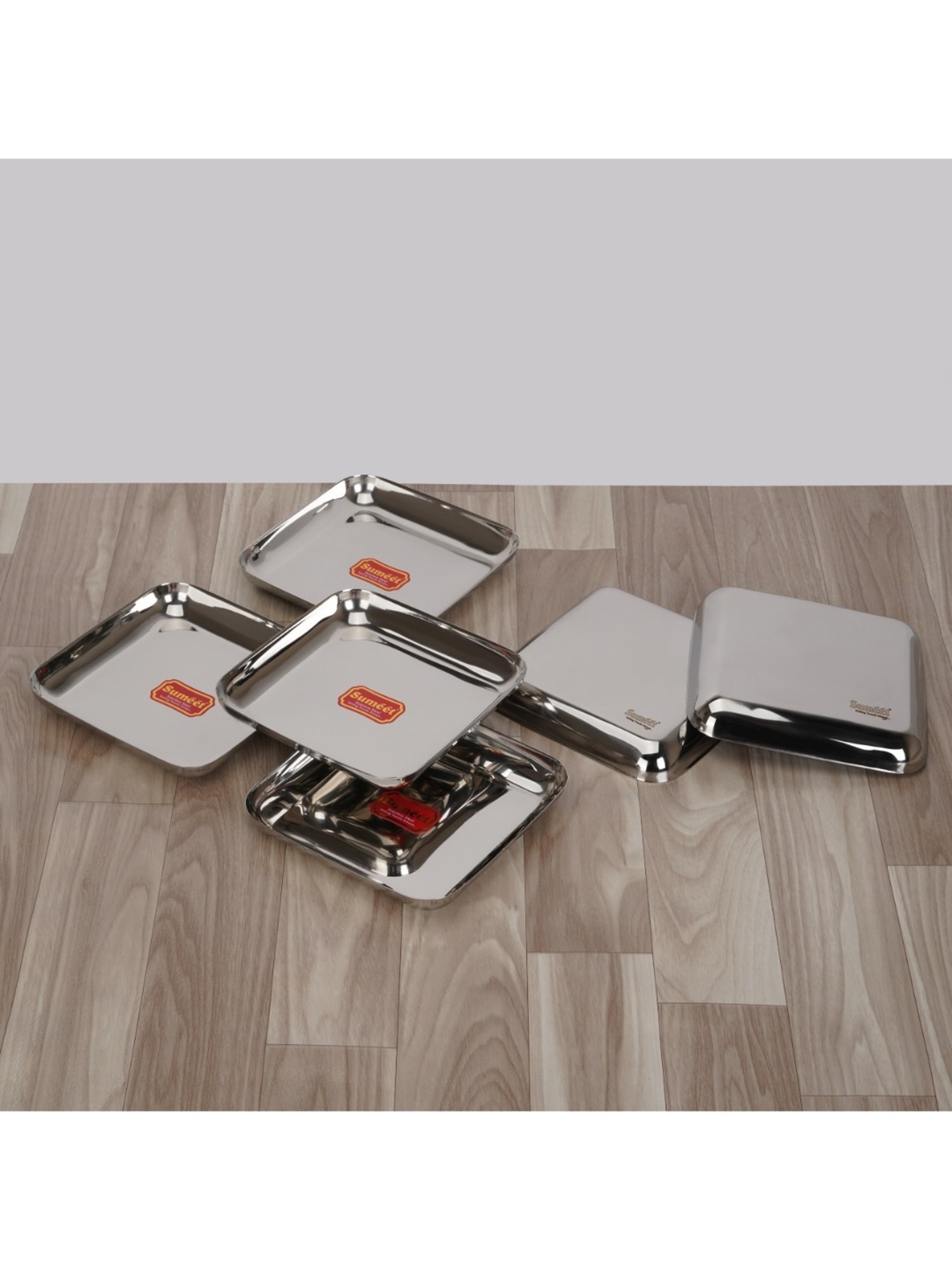 Sumeet S.S. Medium Square Shape Plate/Snacks Plate/Breakfast Plate Set of 6pcs, 15cm dia, Silver