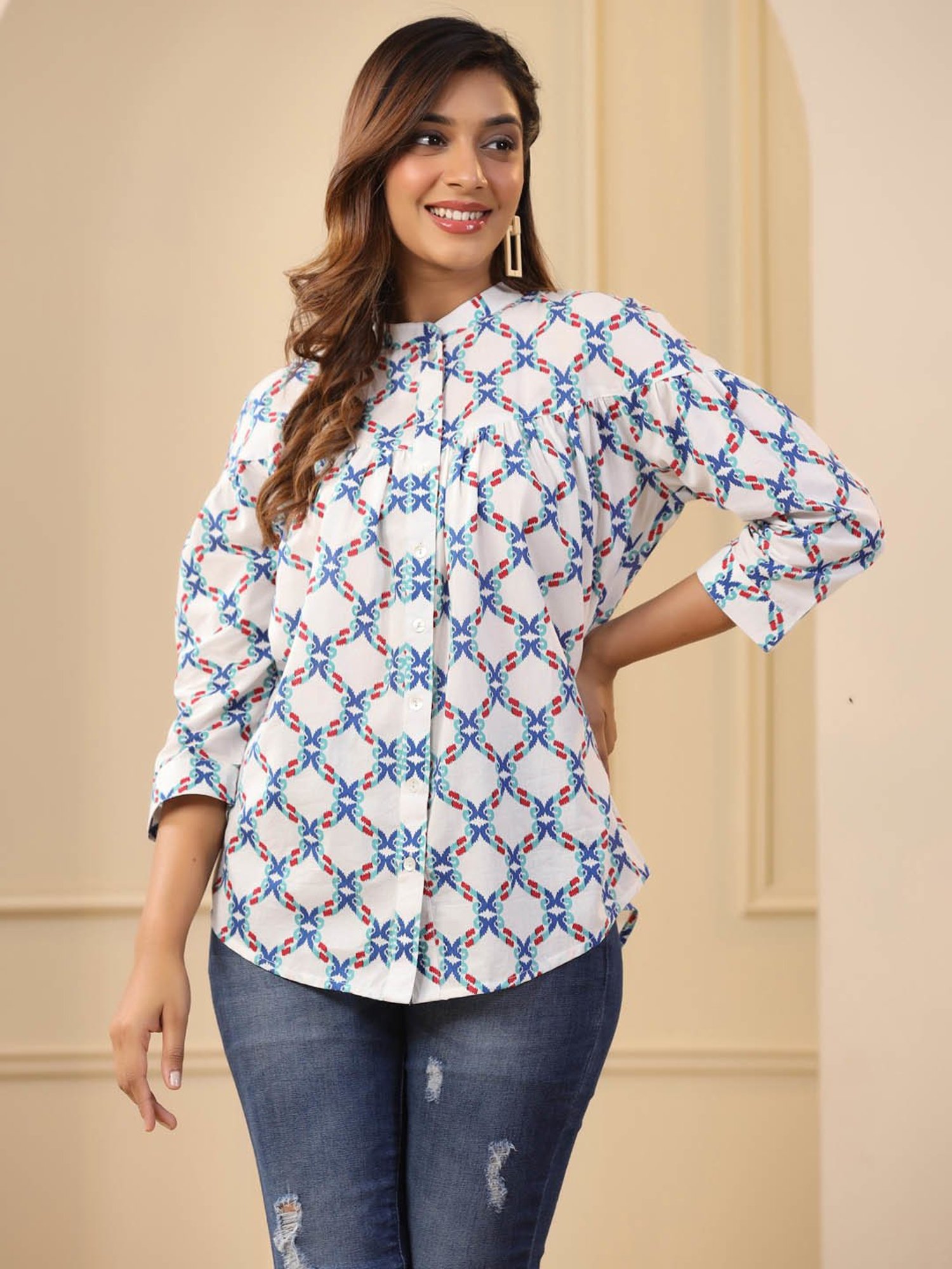 Jaipur Kurti Blue Cotton Printed Top