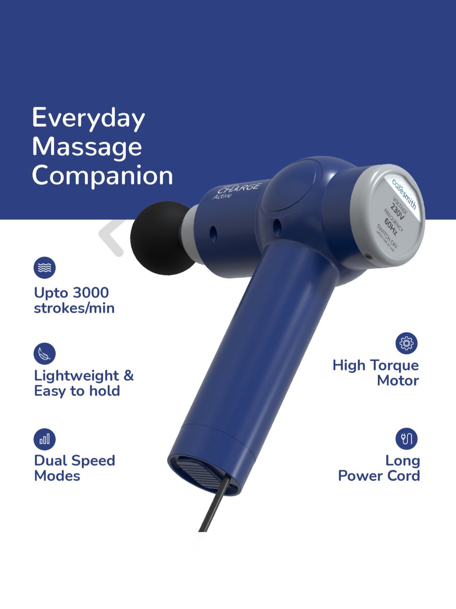 Caresmith Charge Active Corded Massage Gun Deep Tissue Percussion For Pain Relief (Blue)