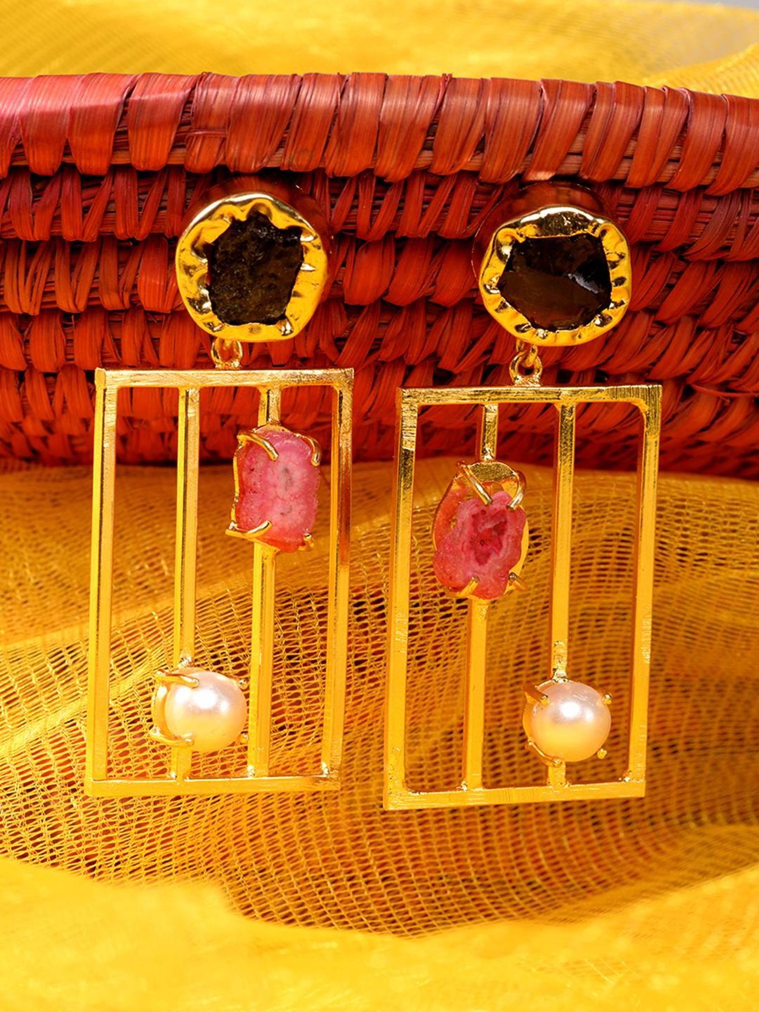 Saraf RS Jewellery Gold Rectangle shaped Pink Dangler Earrings