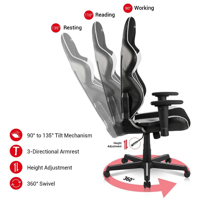 DXRacer OH/RAA106/NR Racing Series Adjustable Ergonomic Gaming Home Office Desk Chairt, Swivel Base, Wheels, and Headrest, Black and White