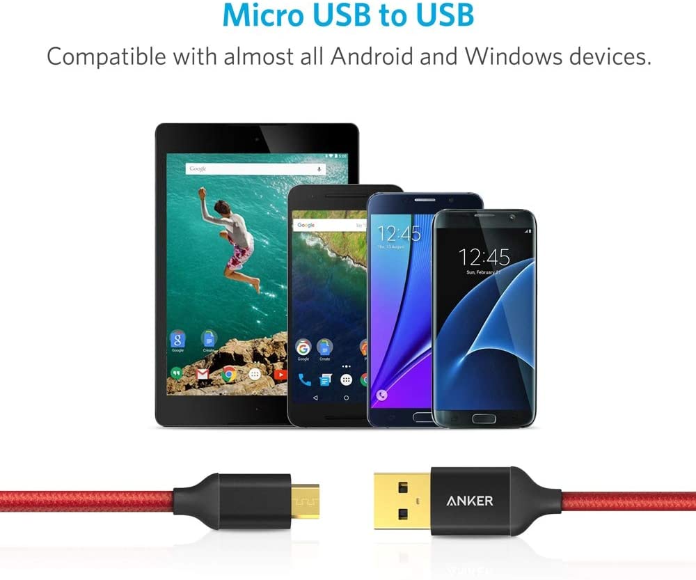 [2-Pack] Anker&reg; 6ft / 1.8m Nylon Braided Tangle-Free Micro USB Cable with Gold-Plated Connectors for Android, Samsung, HTC, Nokia, Sony and More (Red)