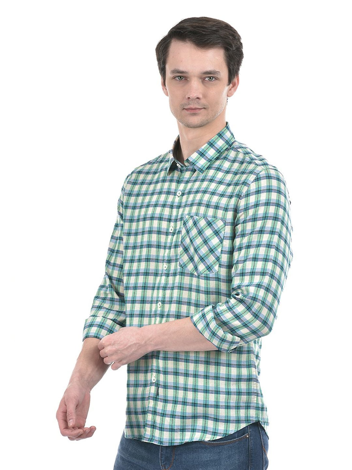 Numero Uno Green Cotton Slim Fit Checks Shirt