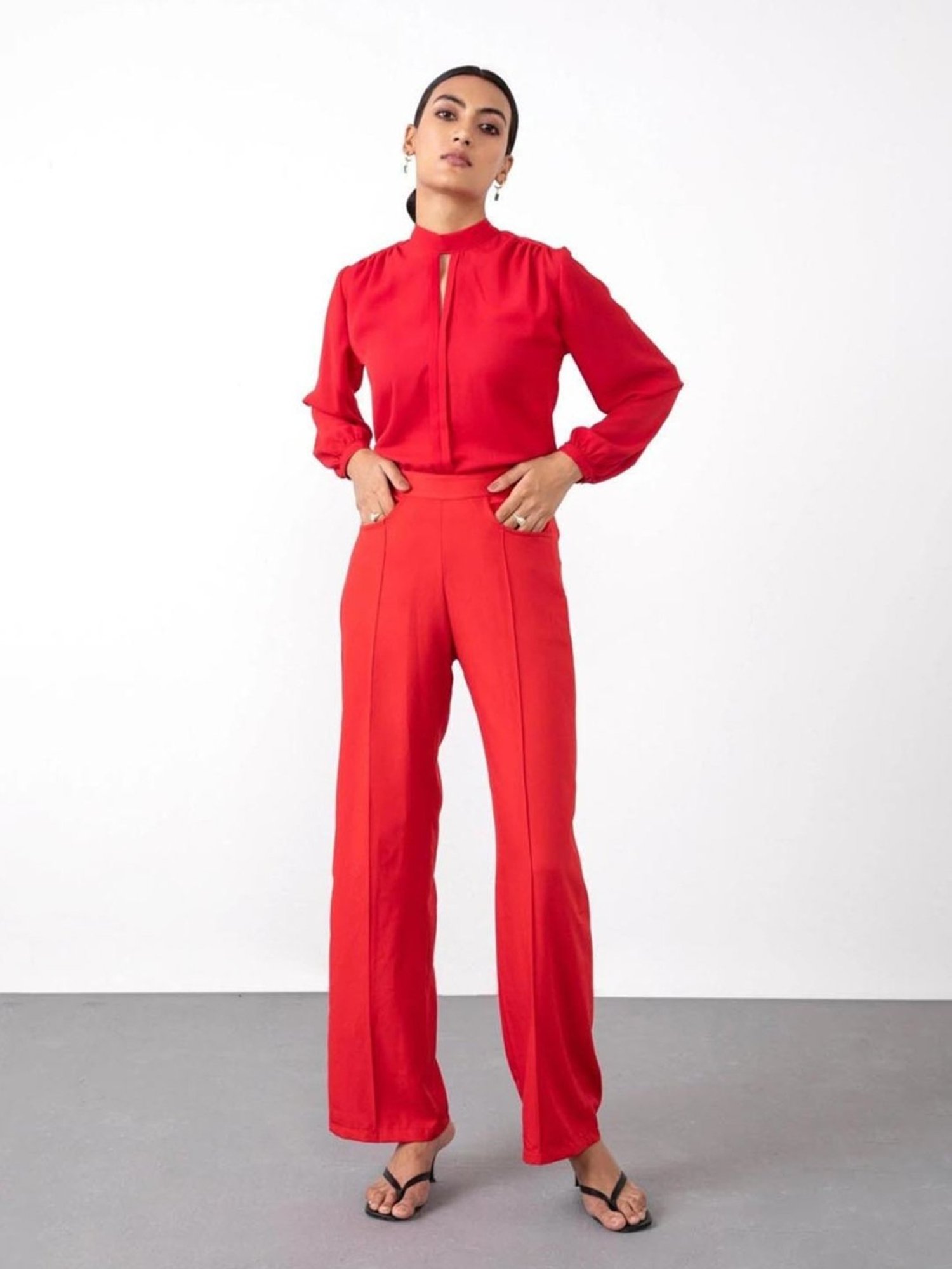 Qua Apple Red Creased Wide Leg Trousers