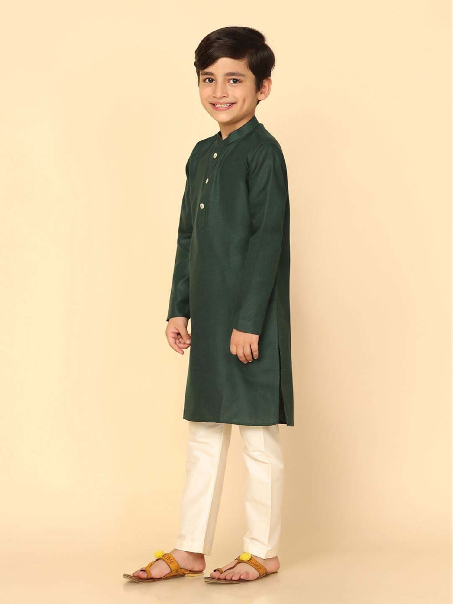 KISAH Kids Green & White Regular Fit Full Sleeves Kurta Set