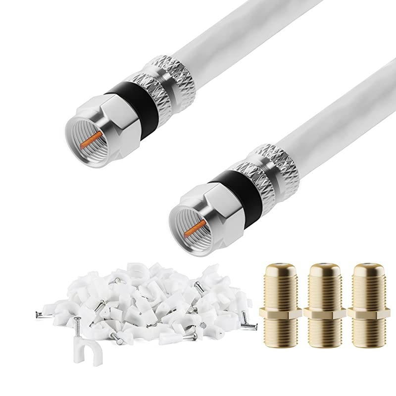 Coaxial Cable 100 Feet White RG6 FPin Triple Shielded UL CL2 inWall Rated RG6 Digital AudioVideo Includes Connectors and Cable Clips