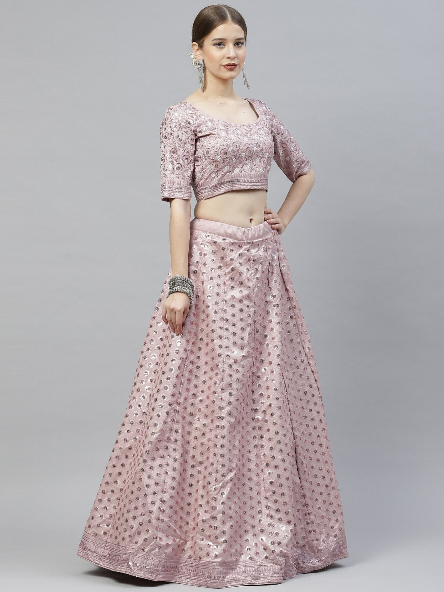 SHUBHKALA Dusty Pink Silk Embellished Lehenga and Choli Set With Dupatta