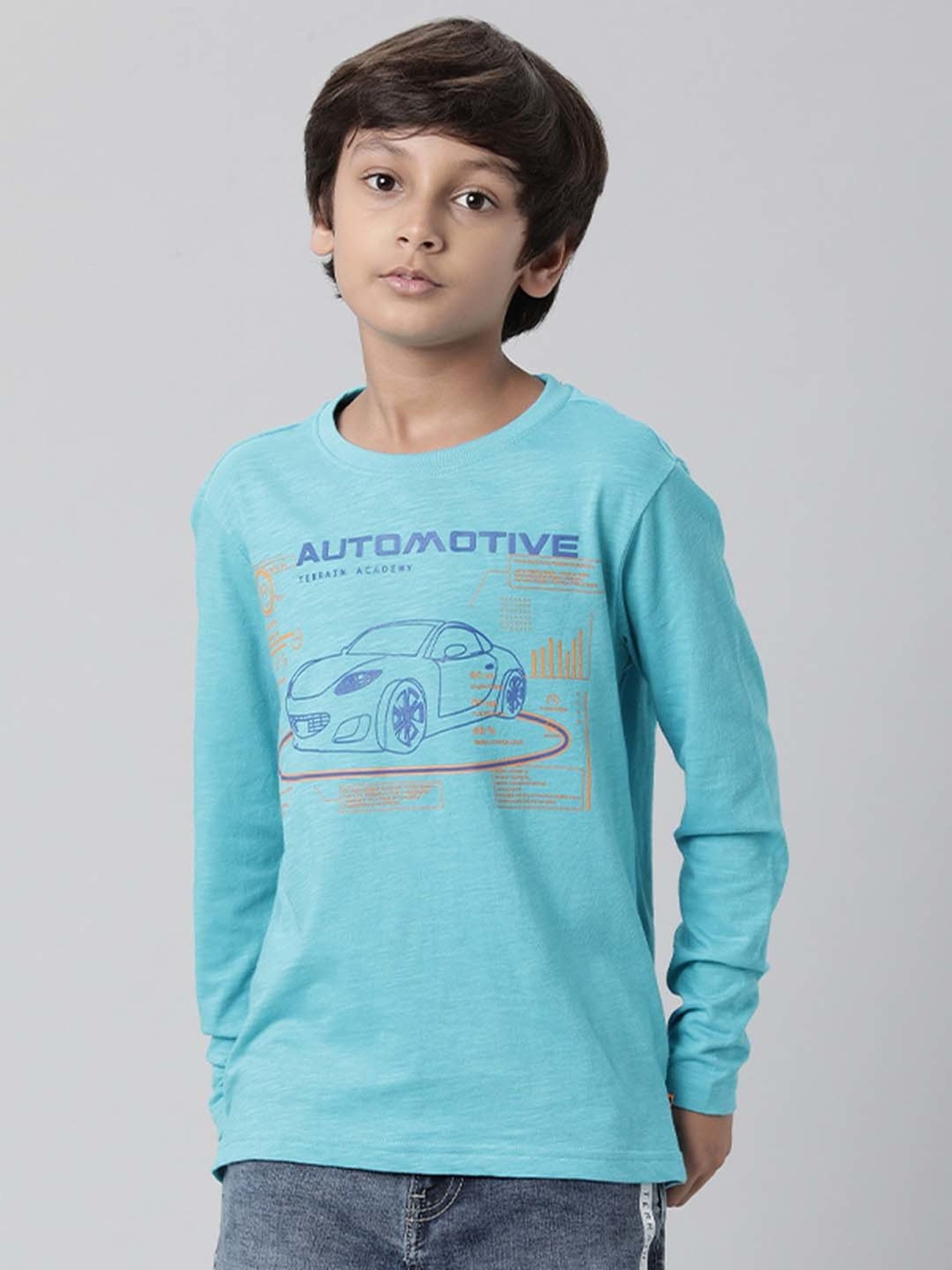 Indian Terrain Kids Blue Cotton Printed Full Sleeves T-Shirt