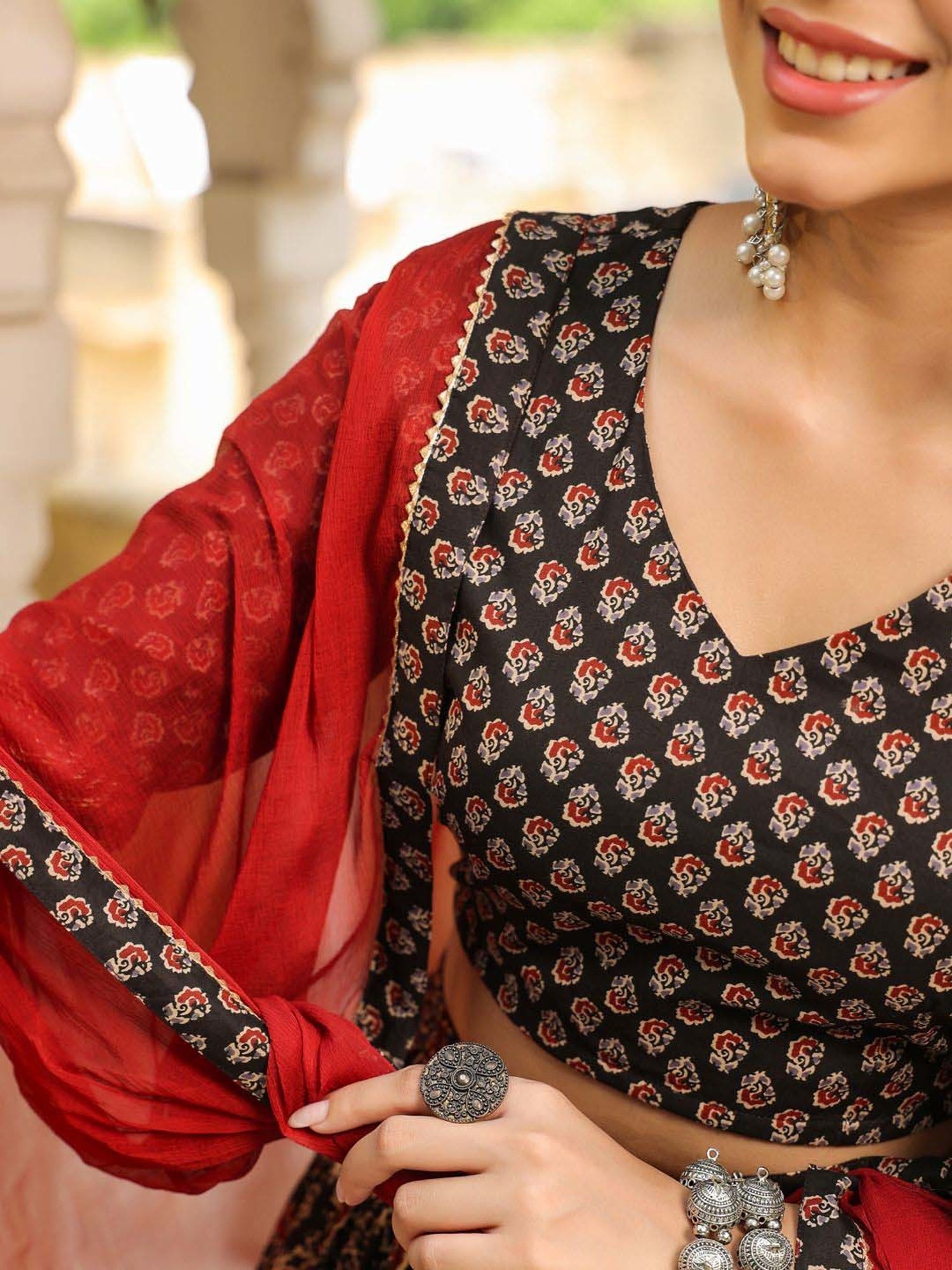 Janasya Black Cotton Printed Lehenga Choli Set With Dupatta