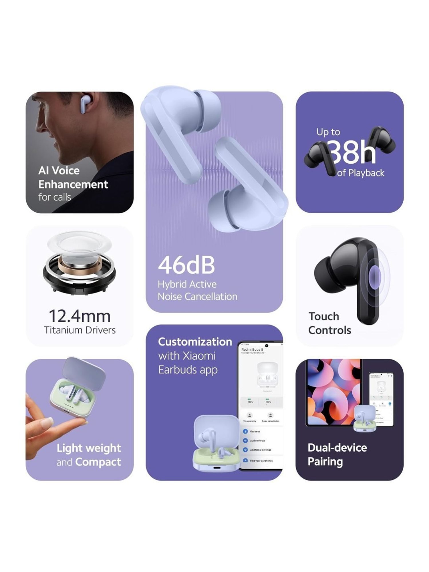 Redmi Buds 5 In Ear BT Earbuds with Upto 46dB Hybrid Noise Cancellation (Fusion Purple, TWS)