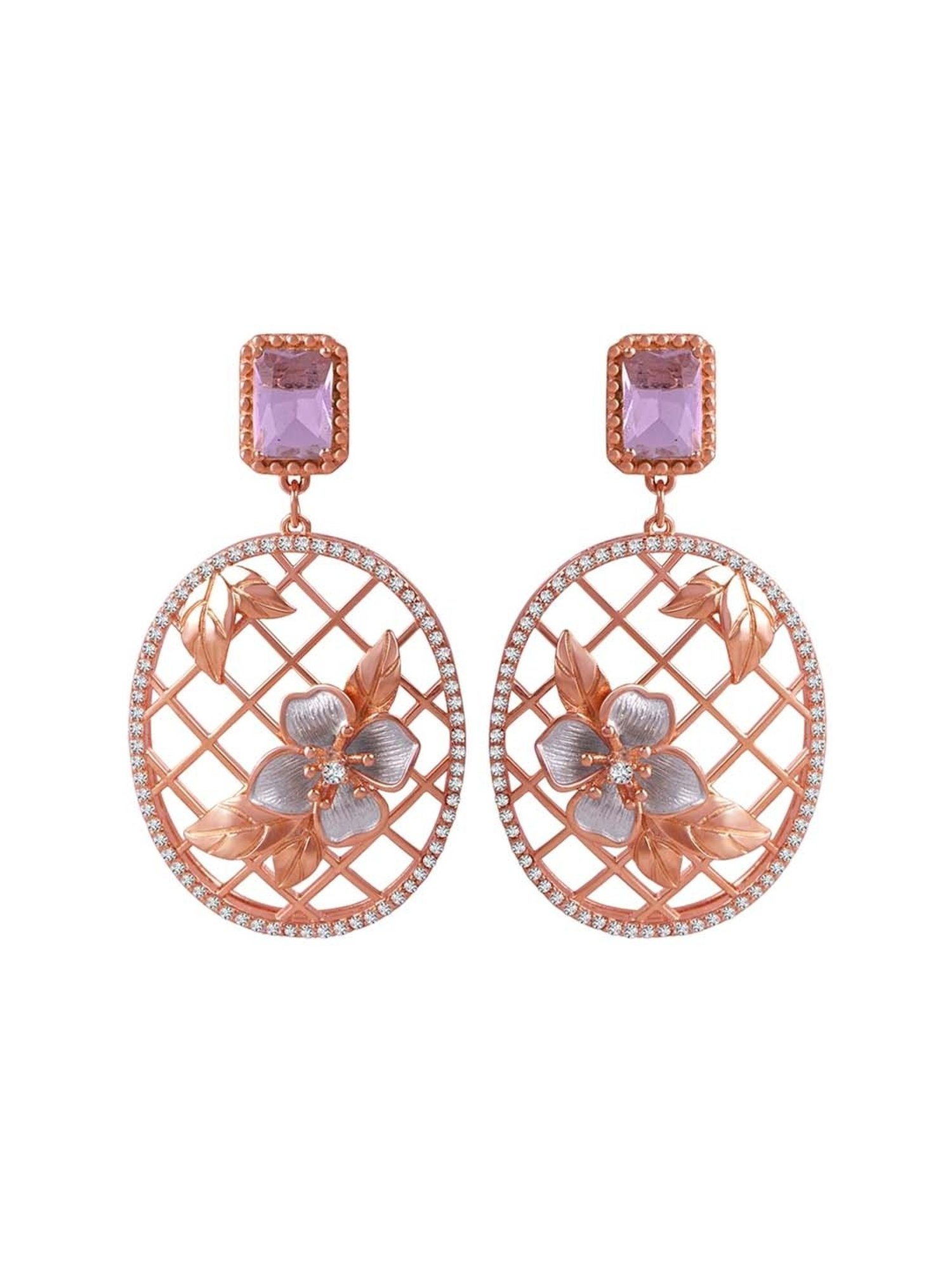 Rihi by P.C. Chandra Jewellers 92.5 Sterling Silver Pink Stone Oval Rose Gold Drop Earring