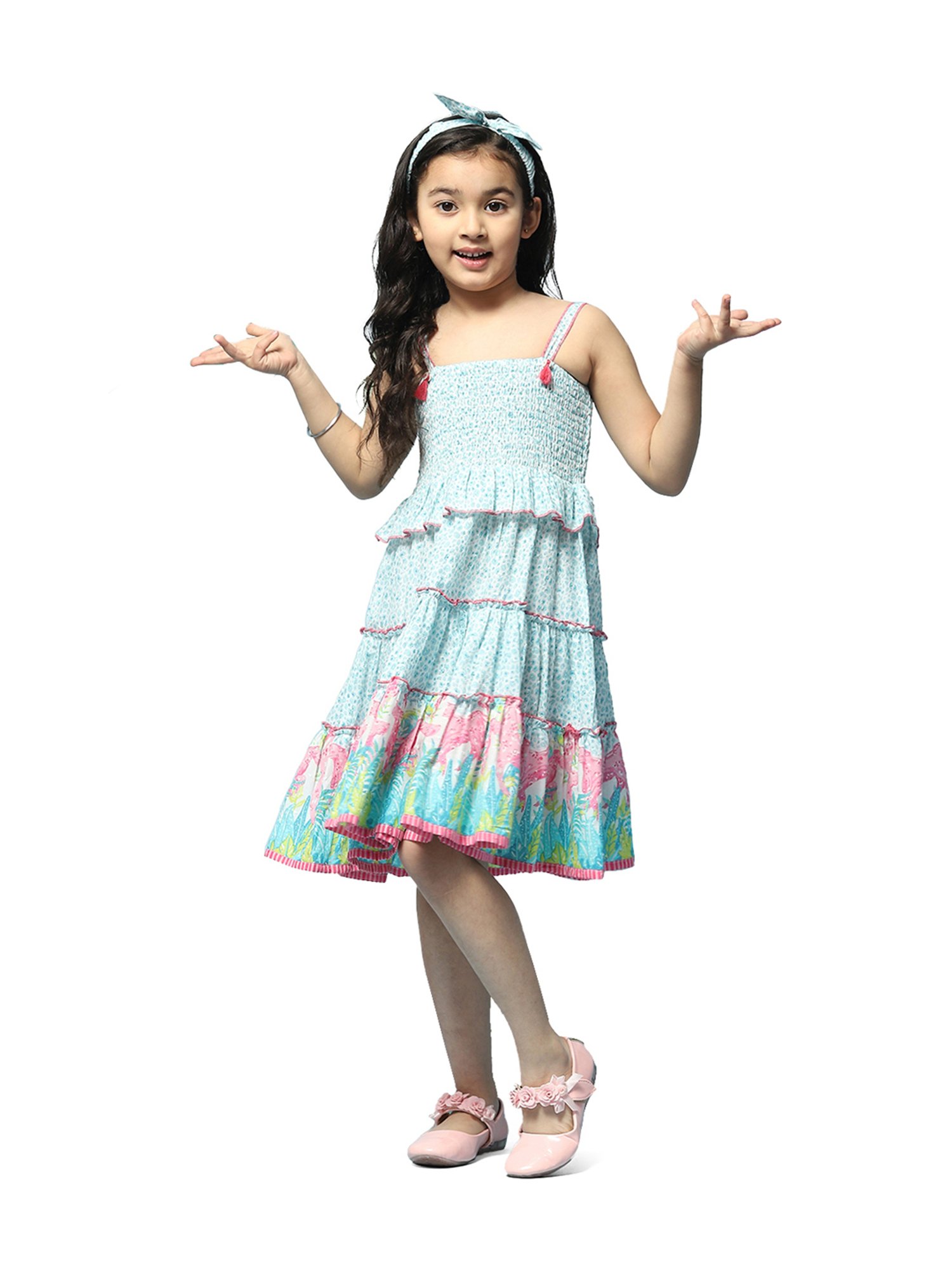 BIBA Girls Kids Turquoise Blue Cotton Printed Dress