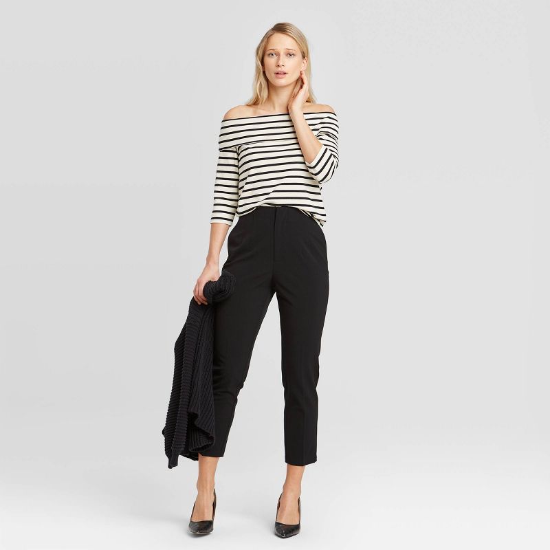 Women's Striped 3/4 Sleeve Off the Shoulder Bardot T-Shirt - Who What Wear™ White XS