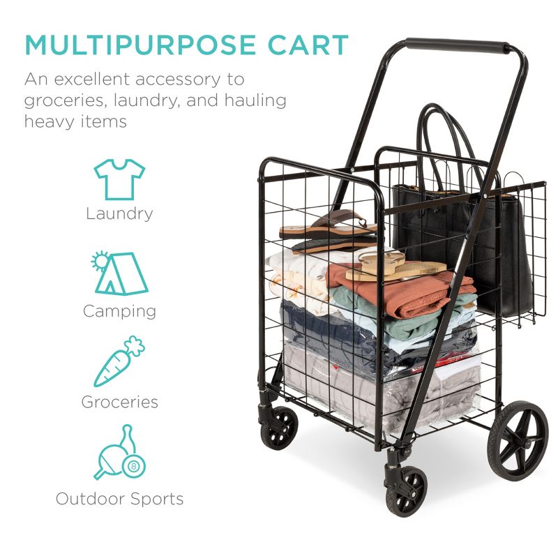Best Choice Products Folding Steel Grocery Cart, Portable Basket for Shopping, Laundry w/ Swivel Wheels, 220lb Capacity
