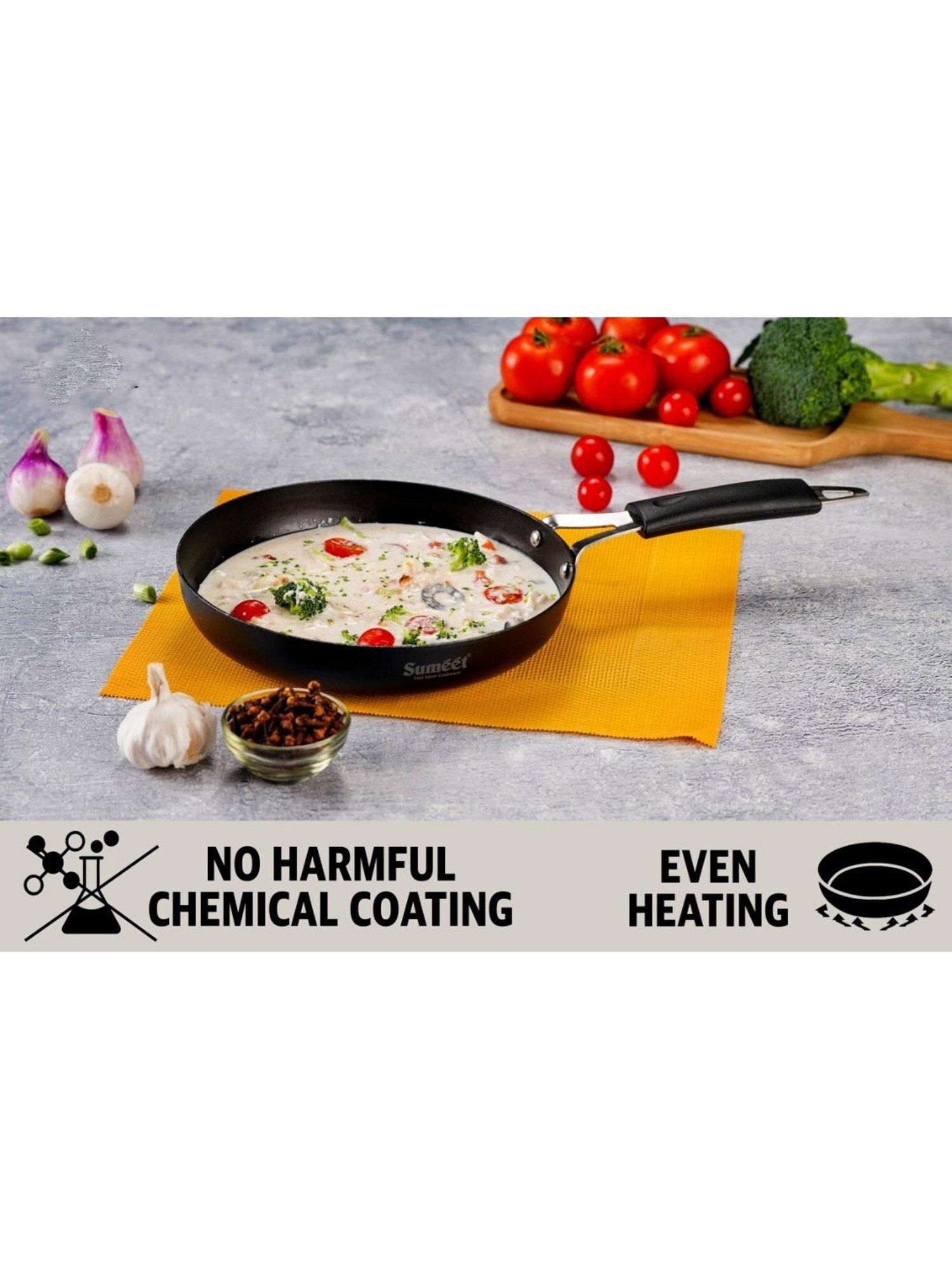 Sumeet Pre Seasoned Carbon Steel (Iron) Fry Pan for Frying |22.3cm|1500ml, Gas & Induction-Friendly