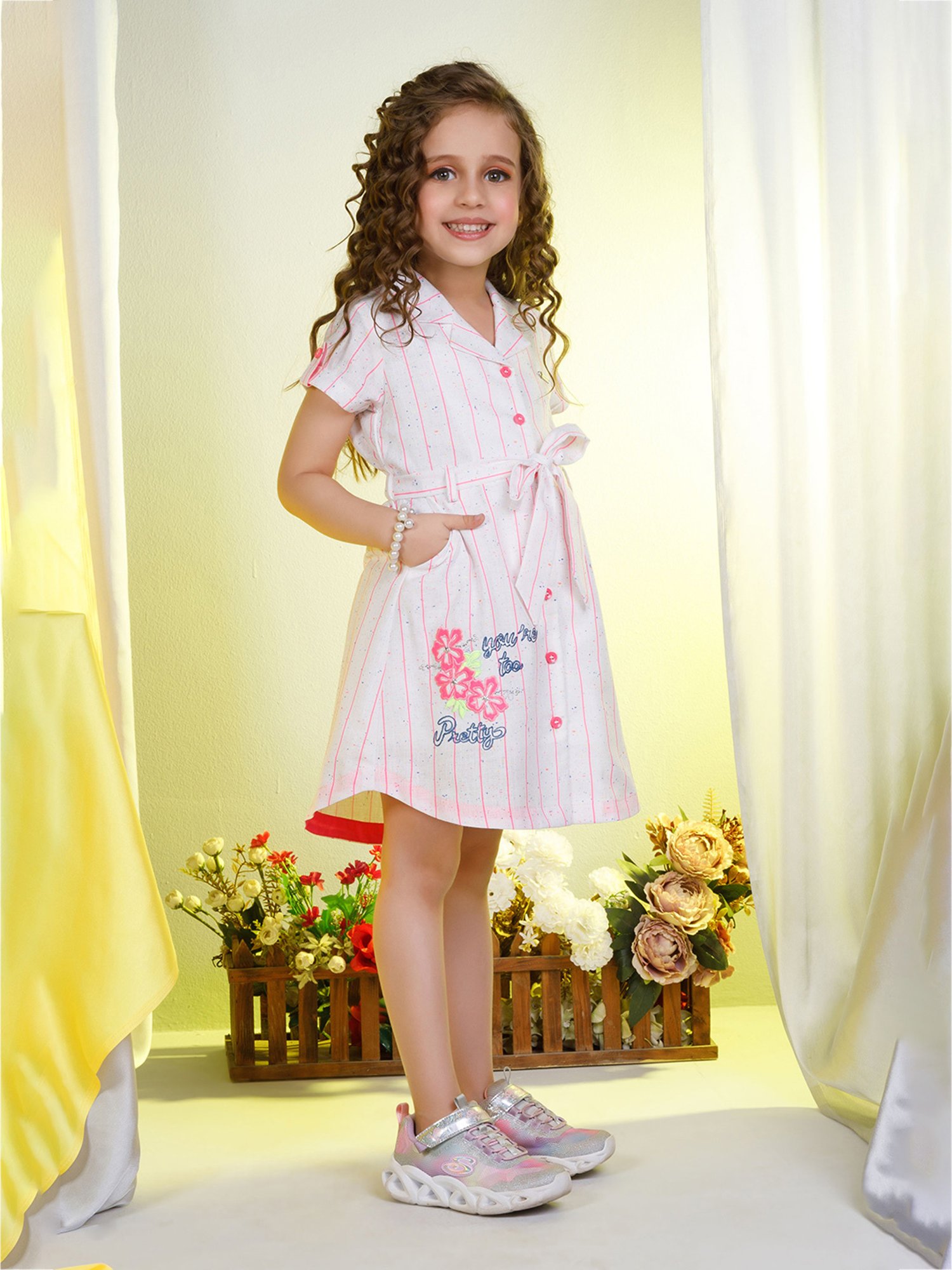 Peppermint Kids Pink & White Printed Shirt Dress with Belt